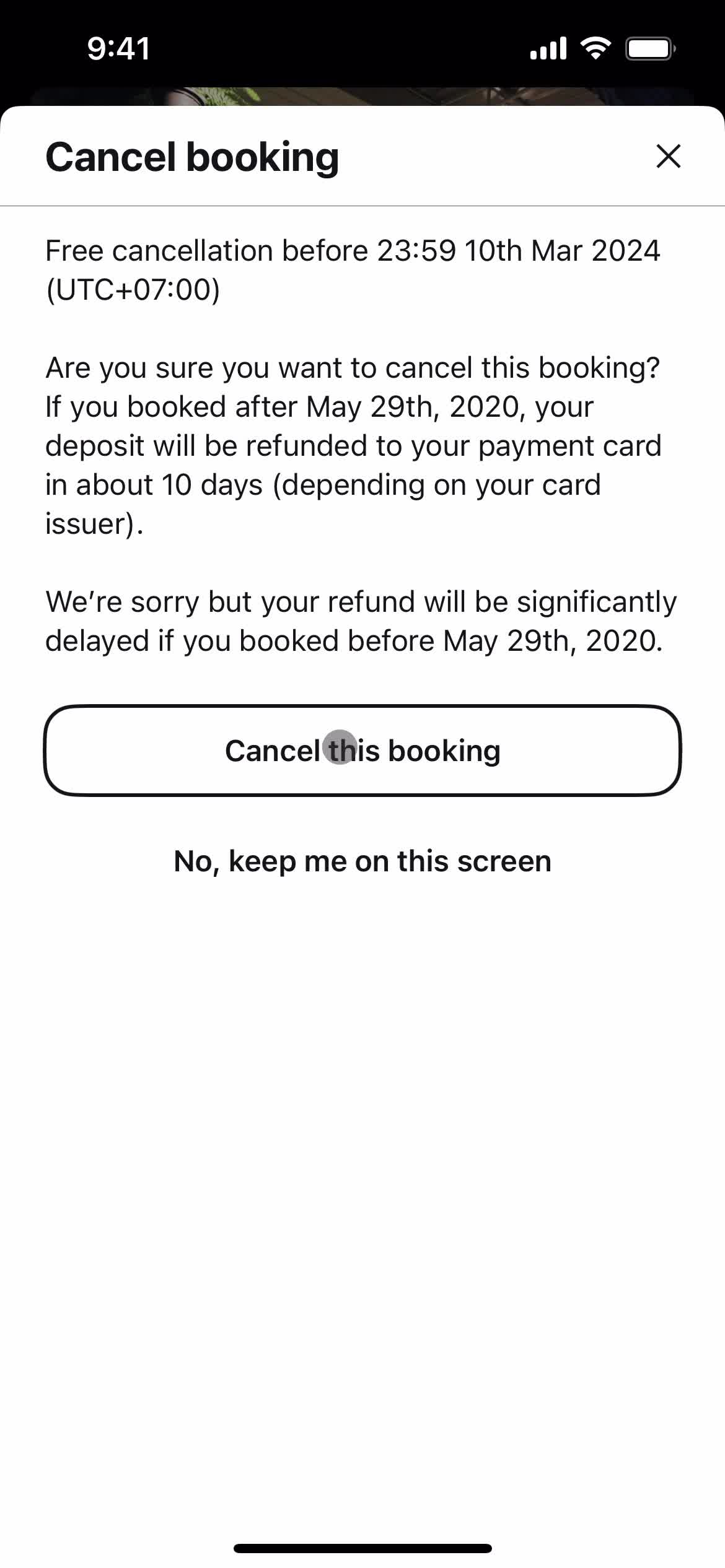 Cancelling a booking screenshot