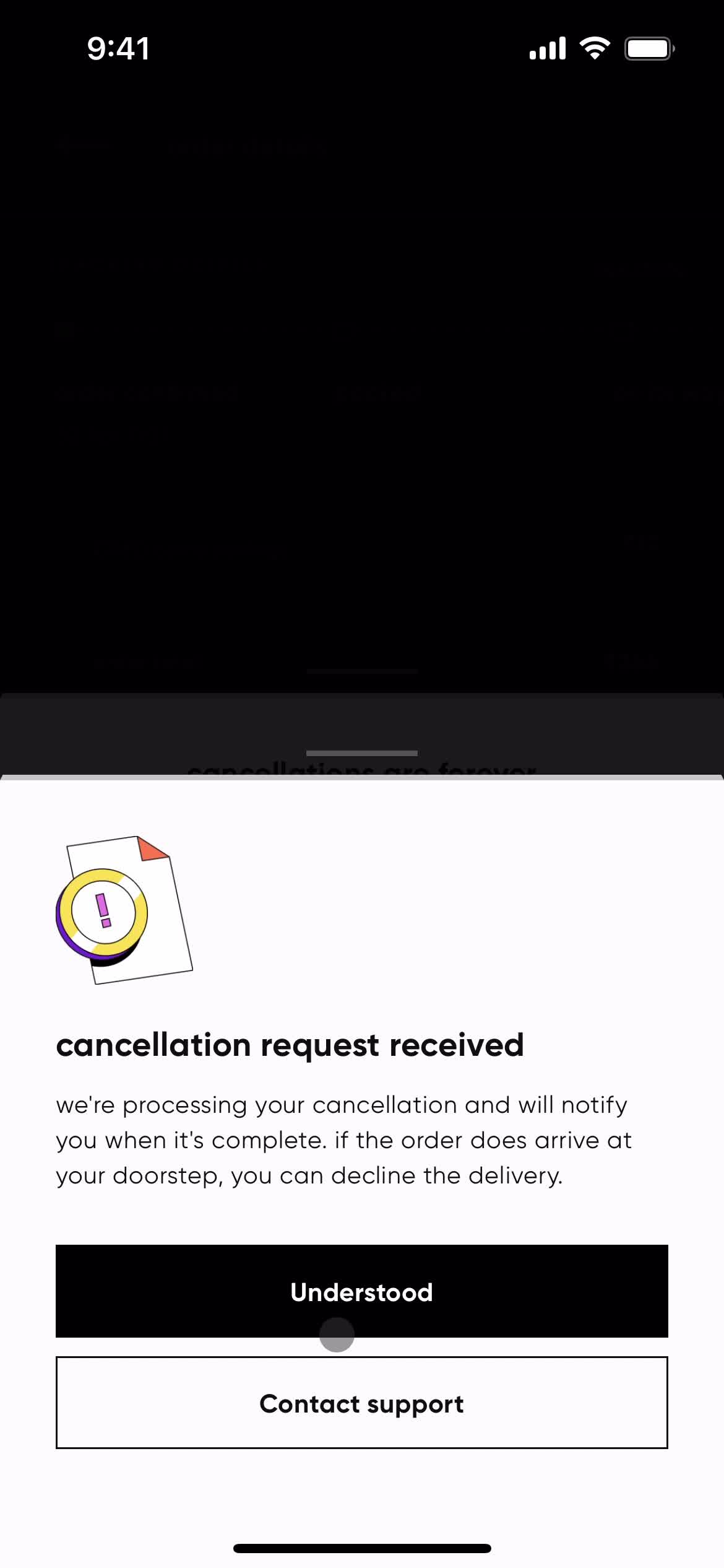 Cancelling an order screenshot