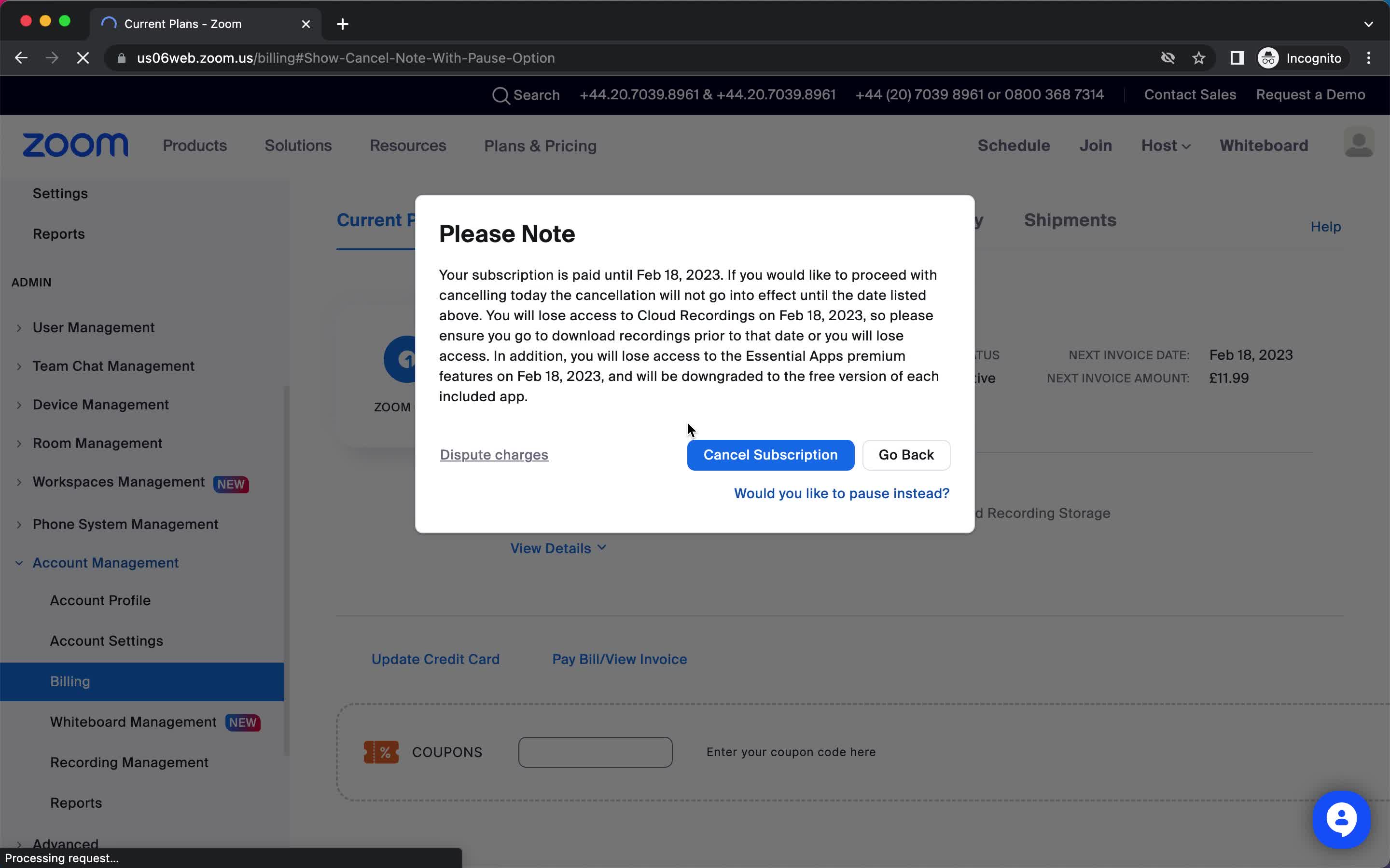 Screenshot of Confirm cancellation on Cancelling your subscription on Zoom user flow