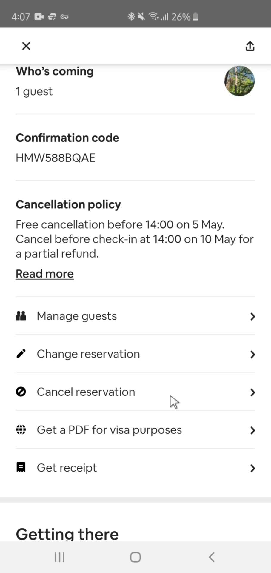 Cancelling a booking screenshot