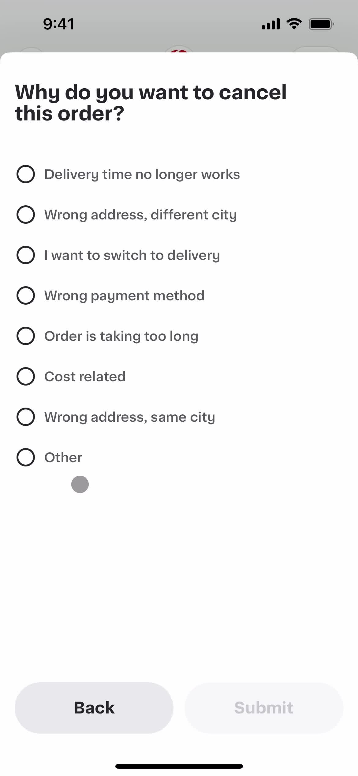 Cancelling an order screenshot