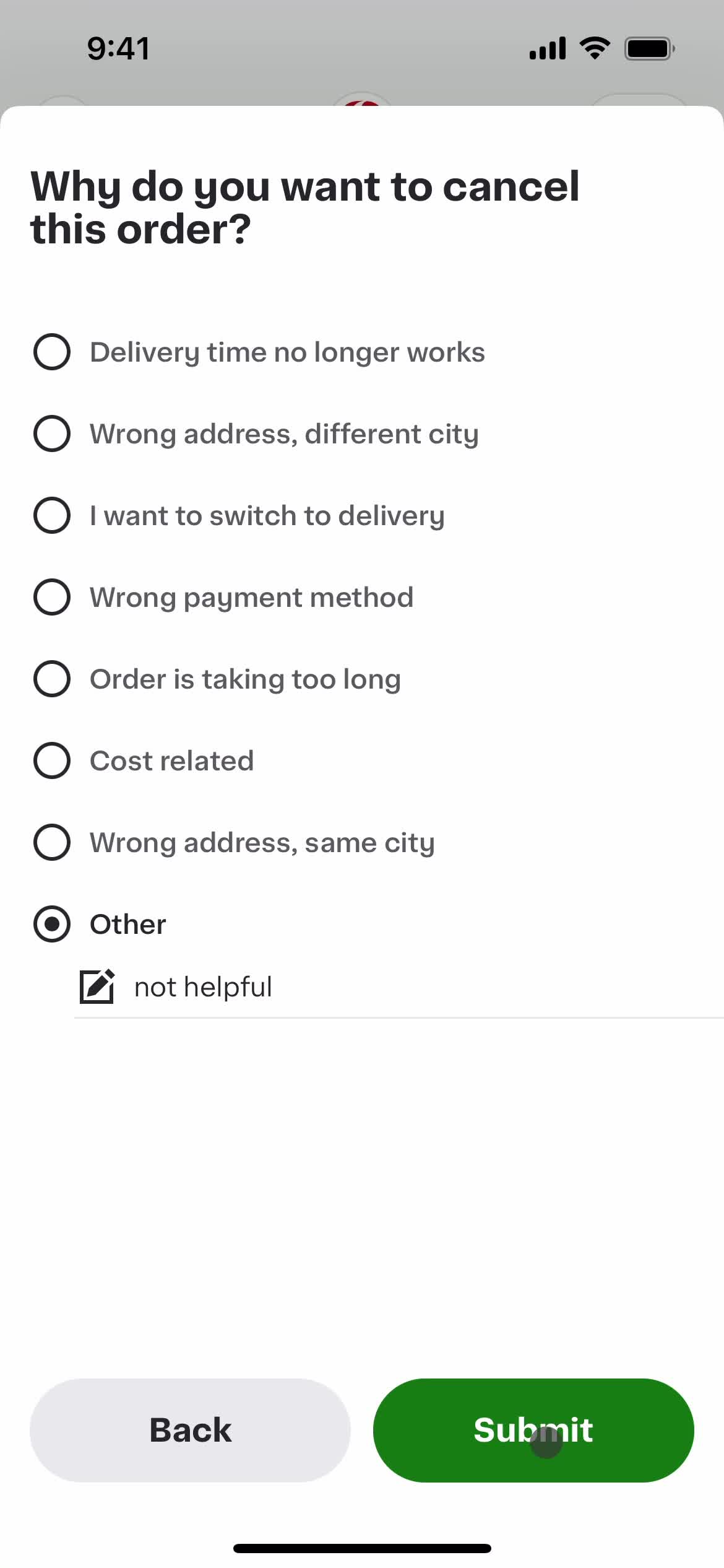 Cancelling an order screenshot