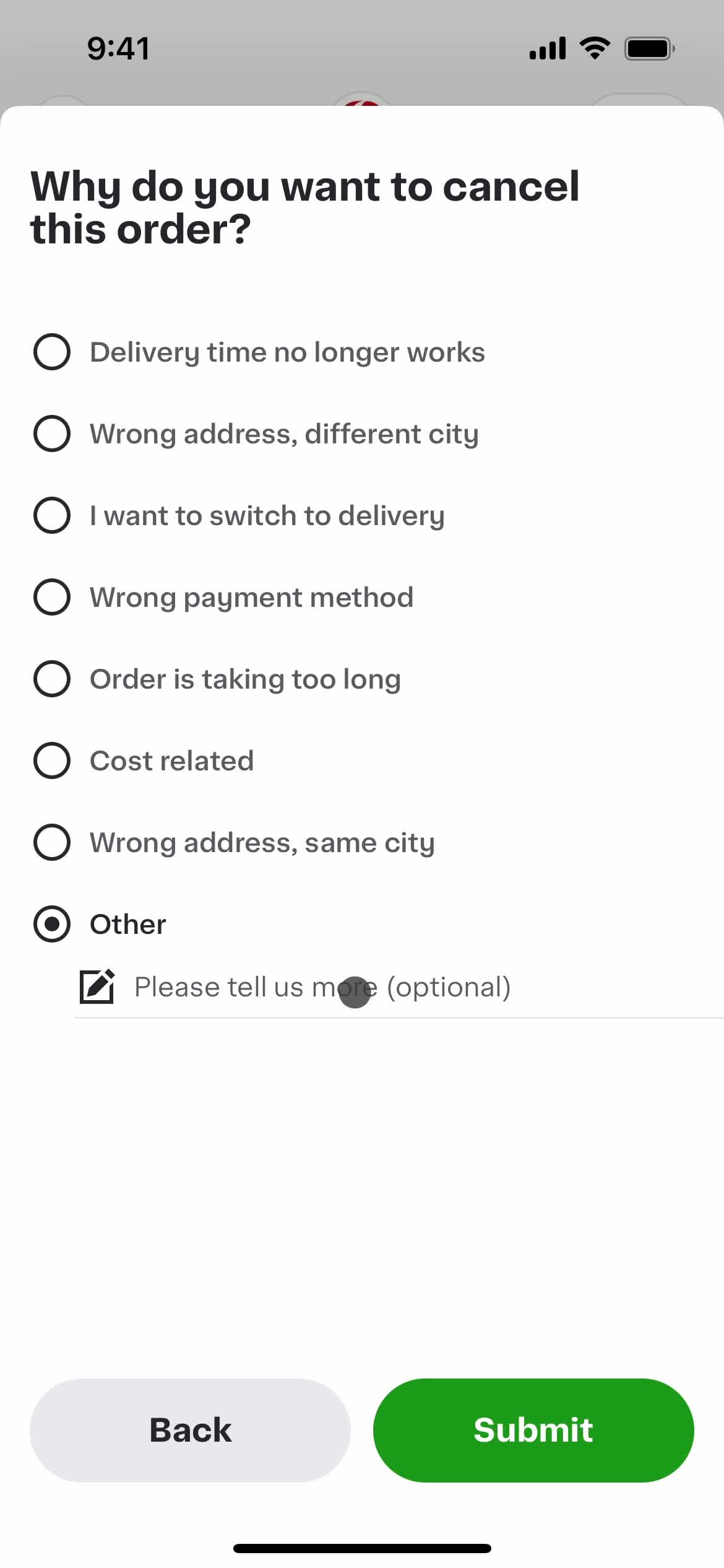 Cancelling an order screenshot