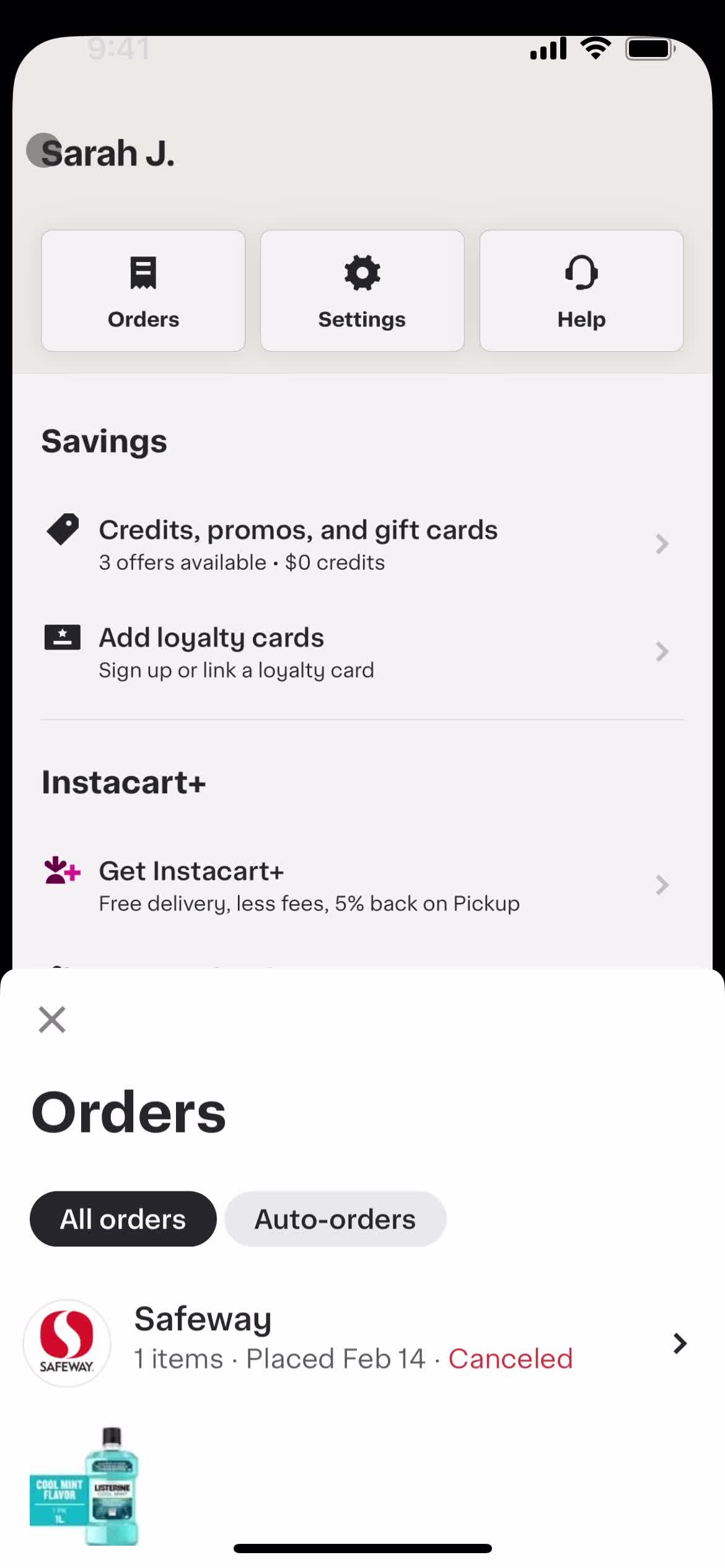 Cancelling an order screenshot