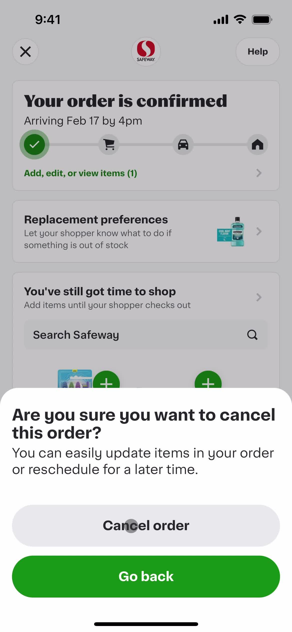 Cancelling an order screenshot