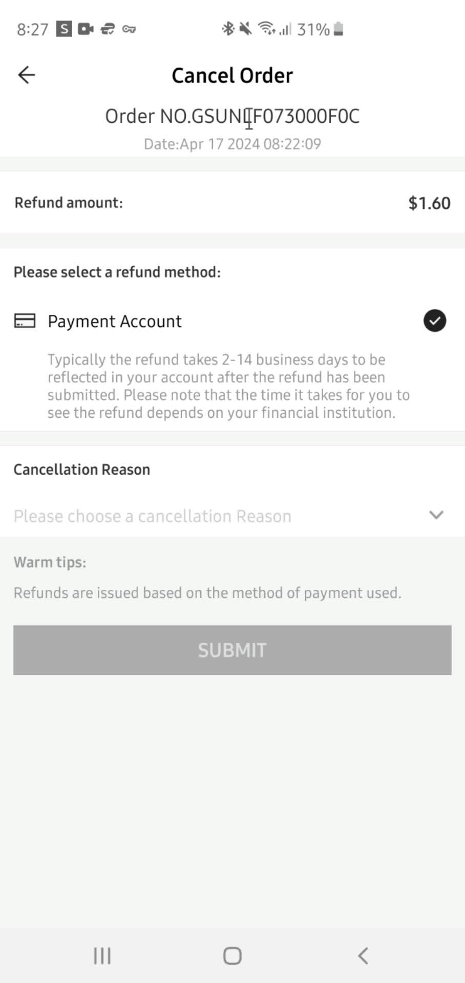 Cancelling an order screenshot