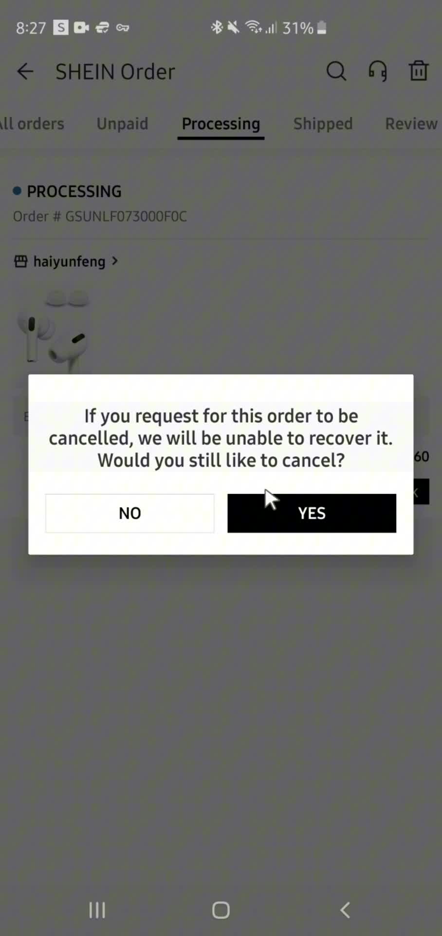 Cancelling an order screenshot