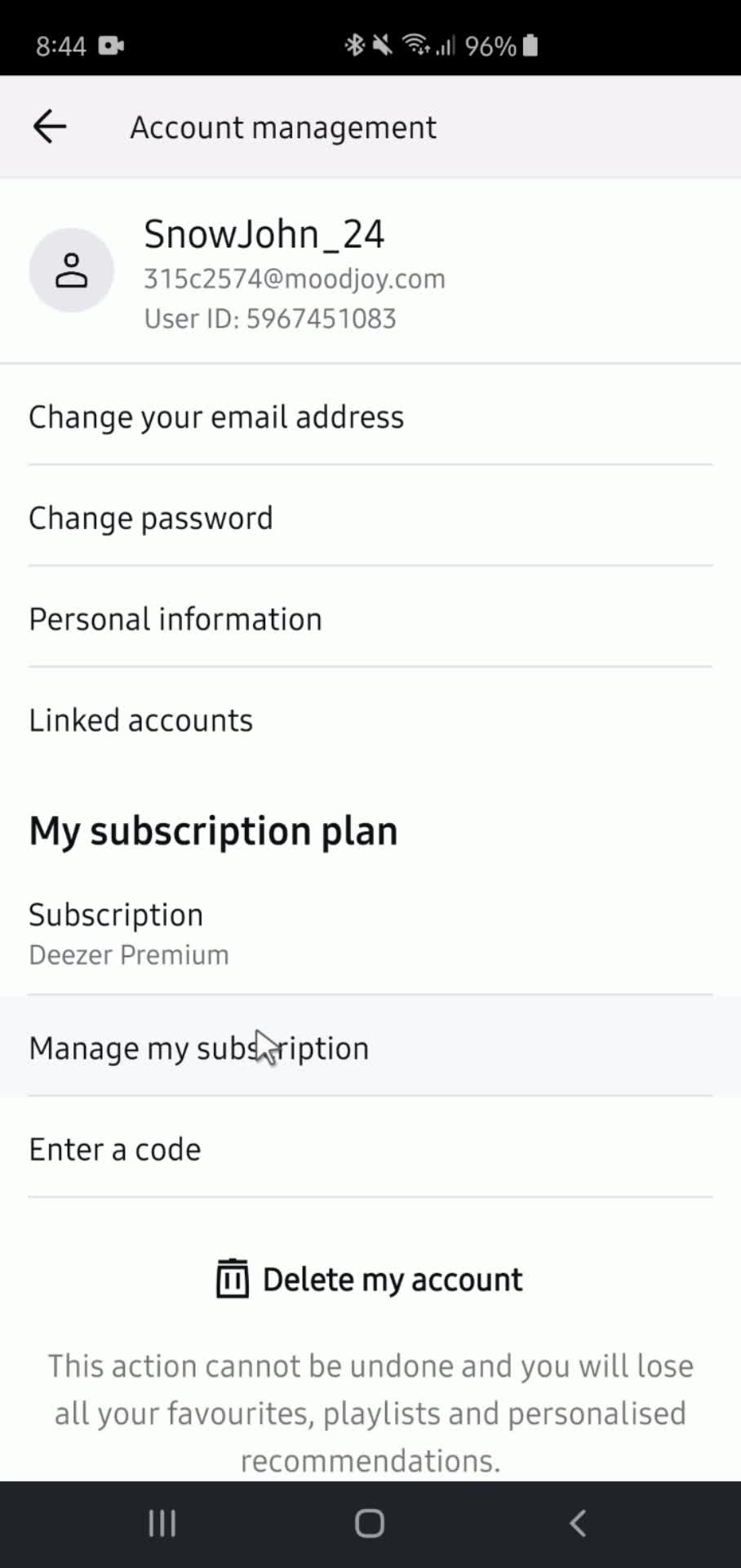 Deezer account settings screenshot