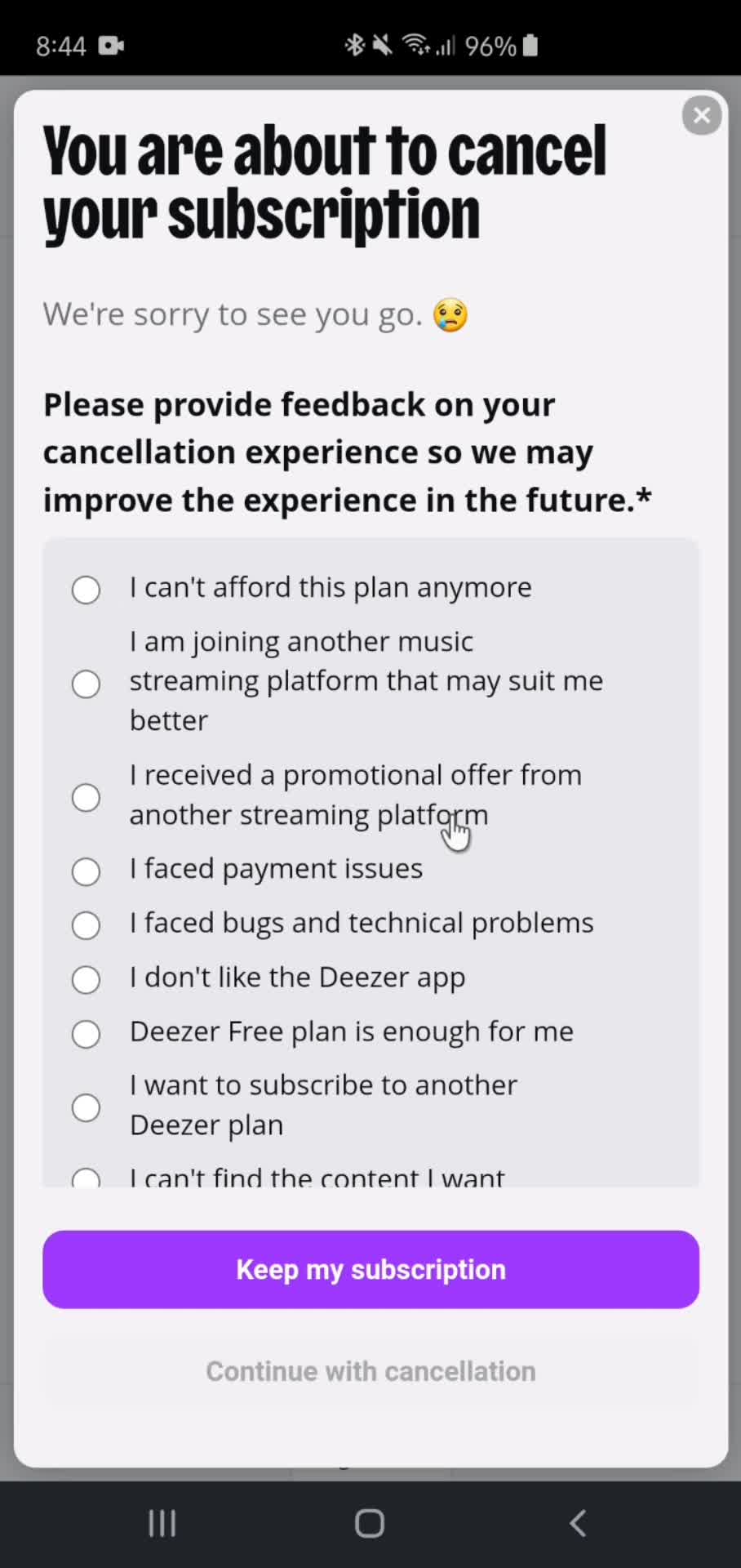 Cancelling your subscription screenshot