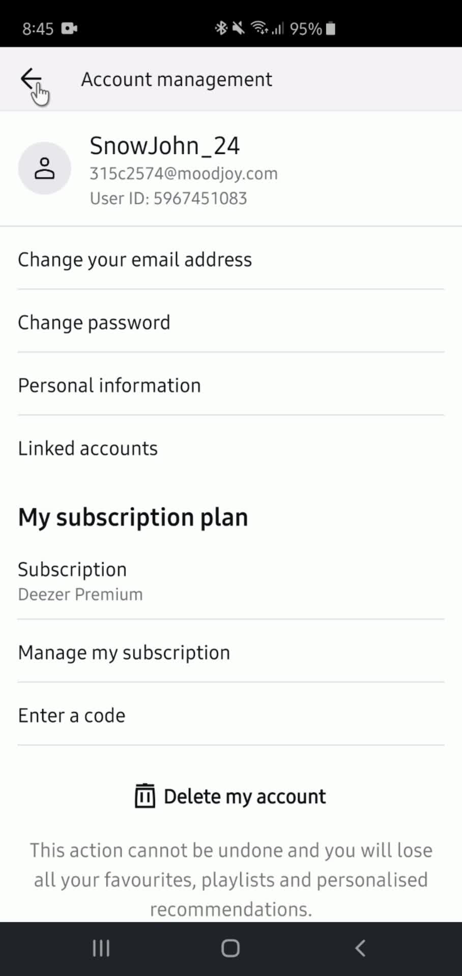 Deezer account settings screenshot