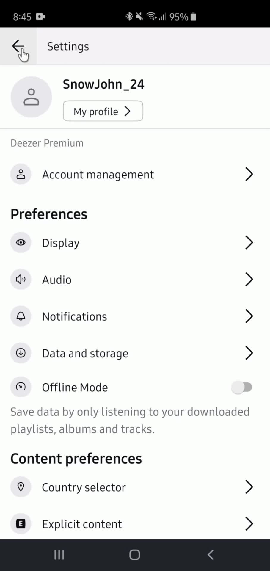 Deezer settings screenshot