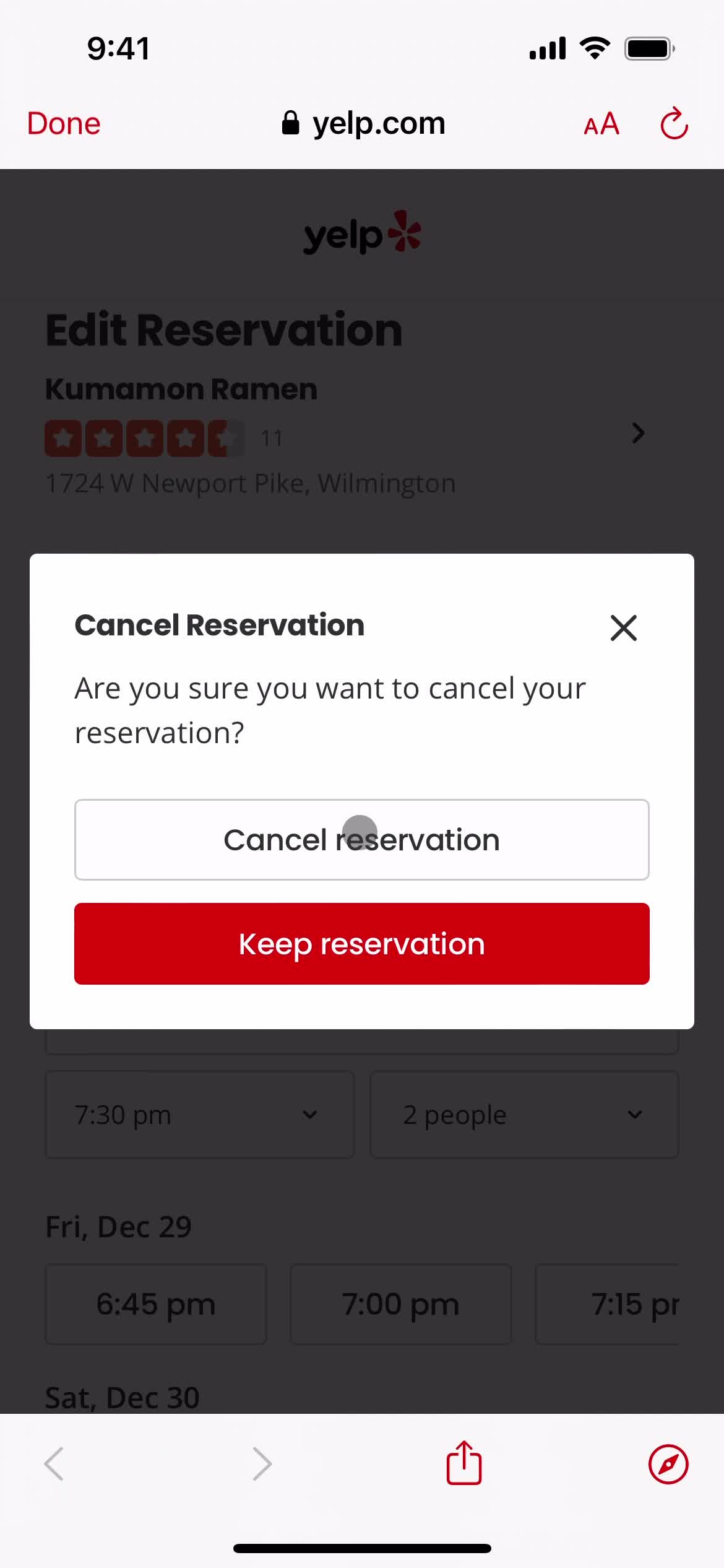 Canceling a reservation screenshot