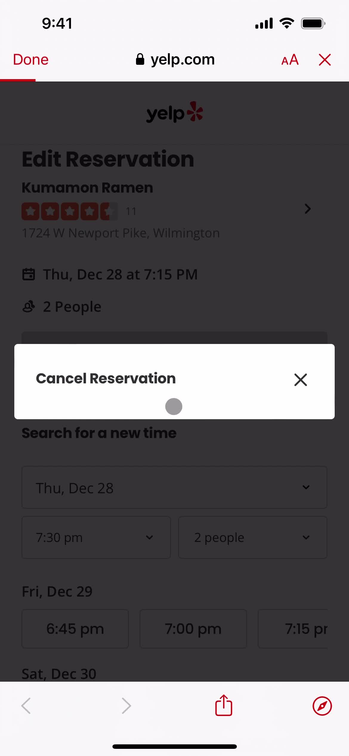 Canceling a reservation screenshot