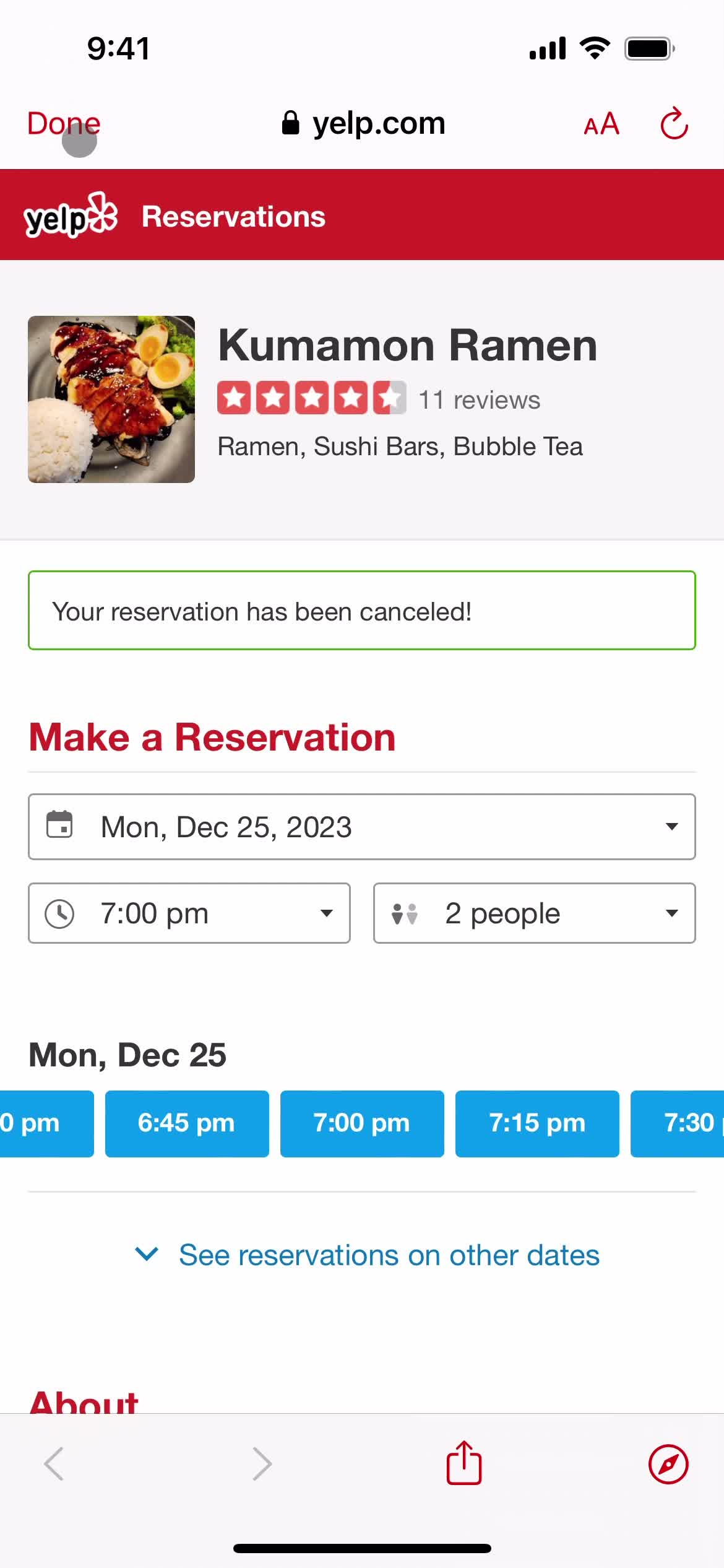 Canceling a reservation screenshot