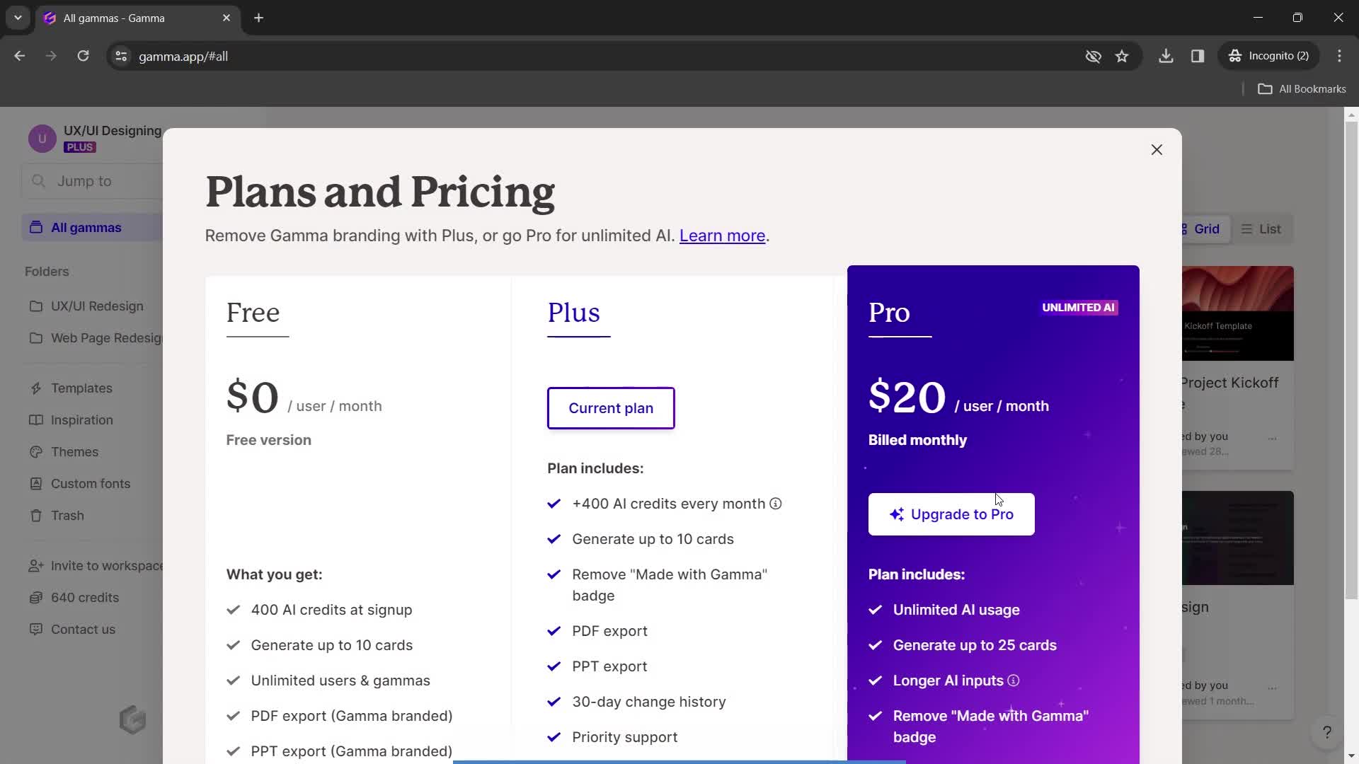 Gamma pricing & plans screenshot
