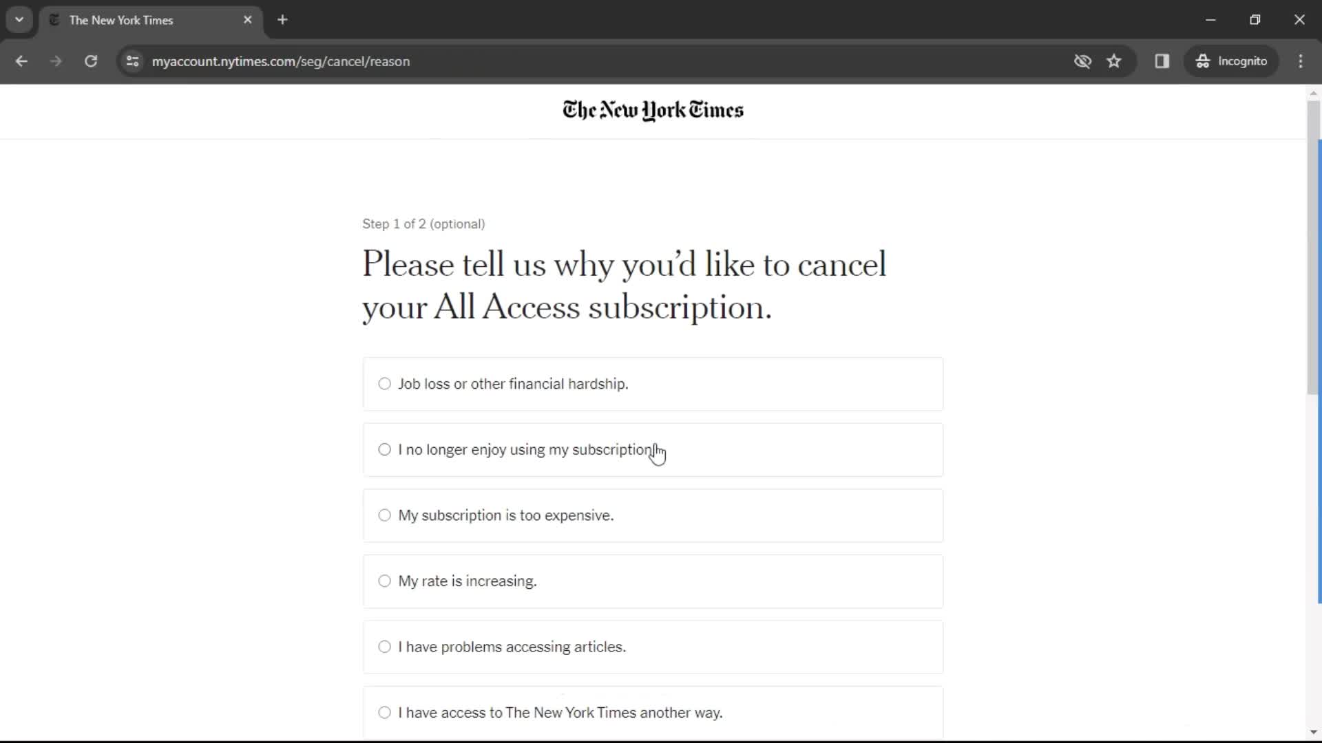 The New York Times select cancellation reason screenshot