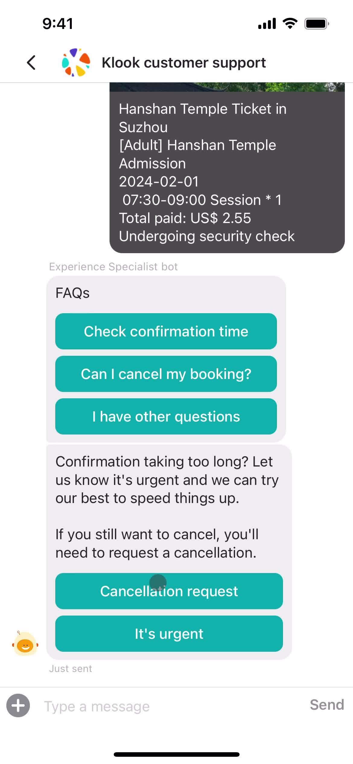 Canceling a booking screenshot