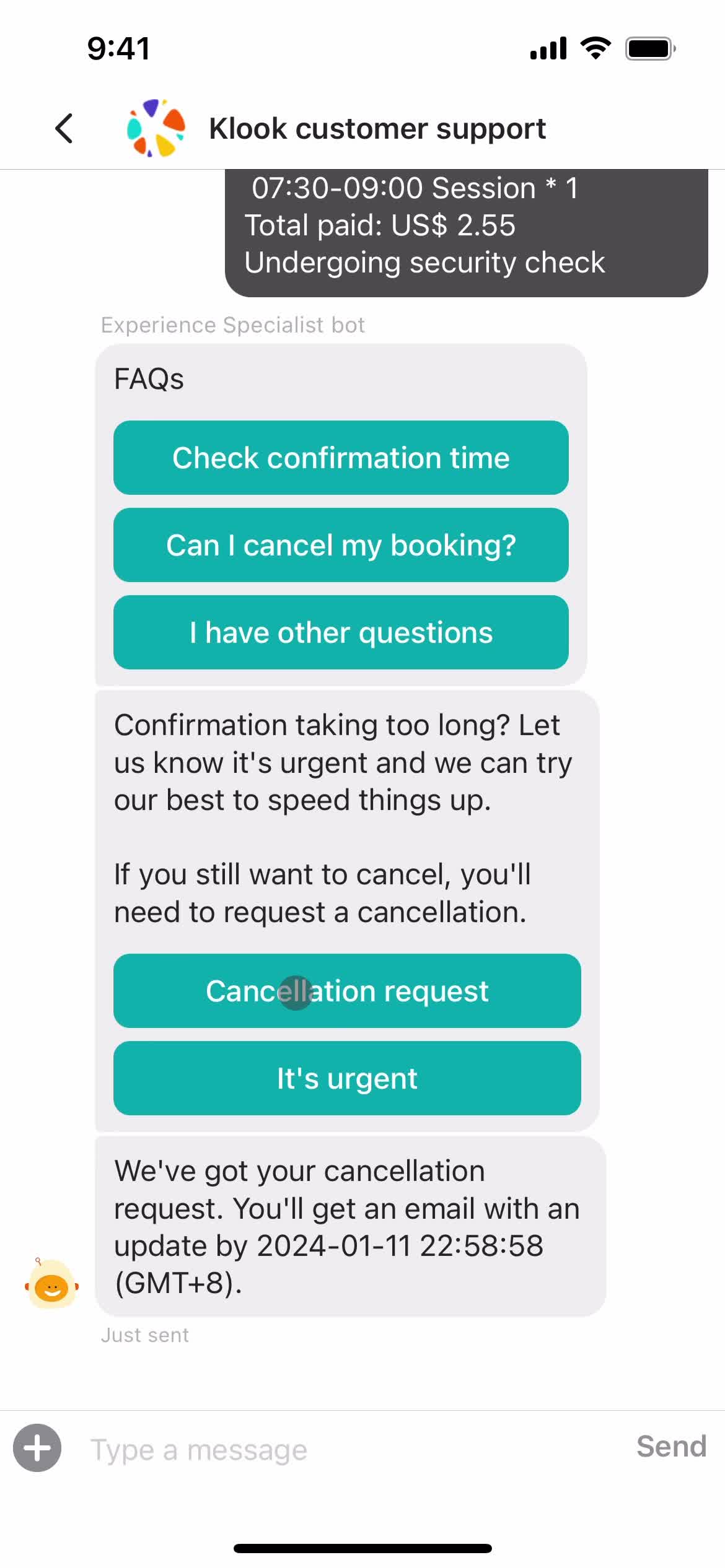 Canceling a booking screenshot