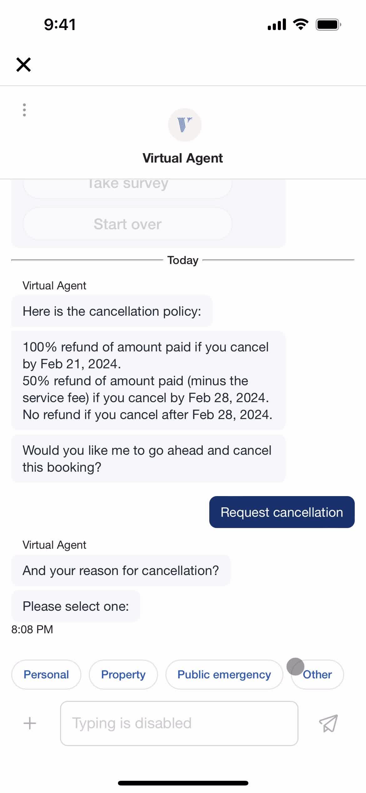 Canceling a booking screenshot