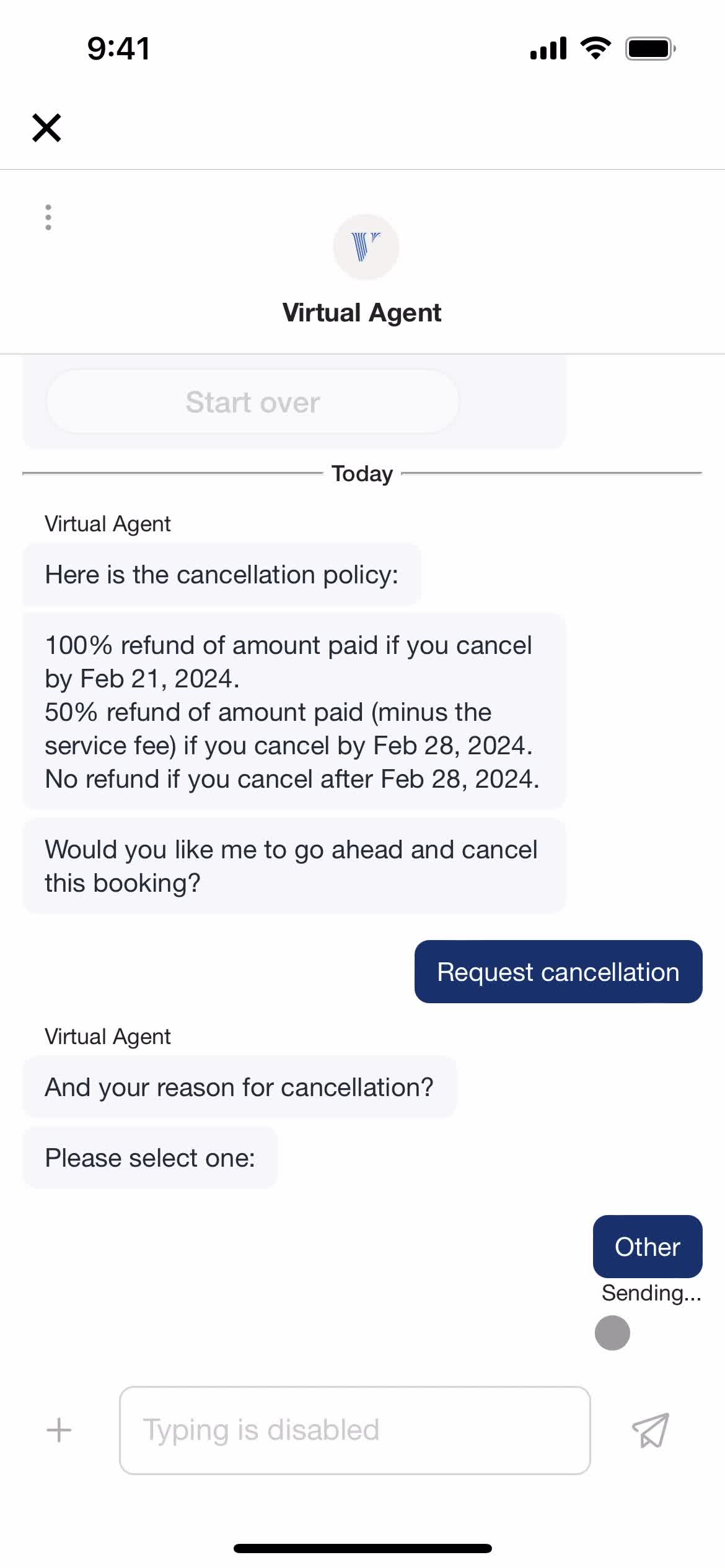 Canceling a booking screenshot