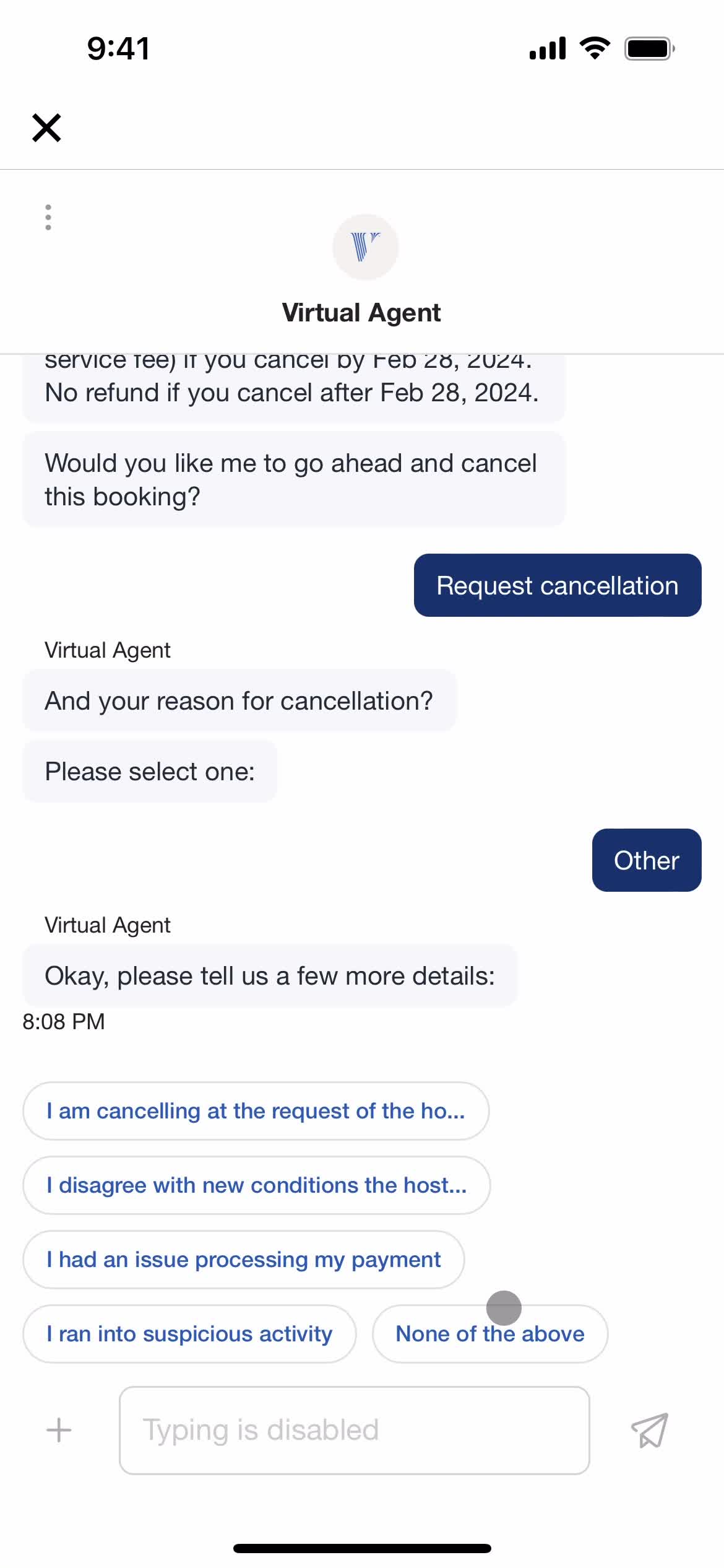 Canceling a booking screenshot