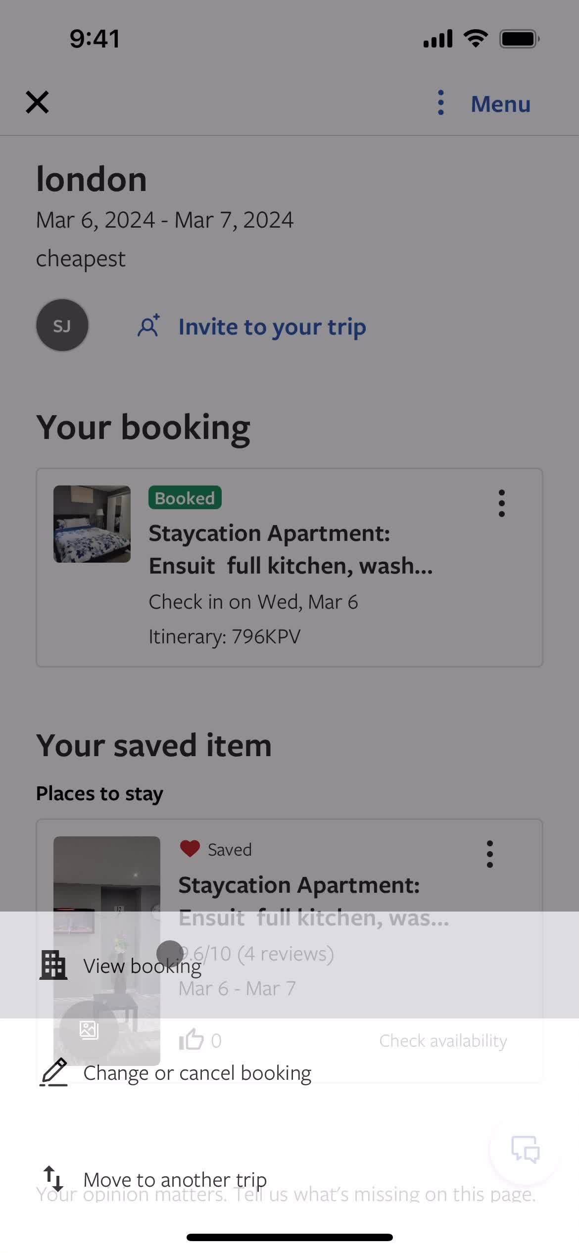 Canceling a booking screenshot