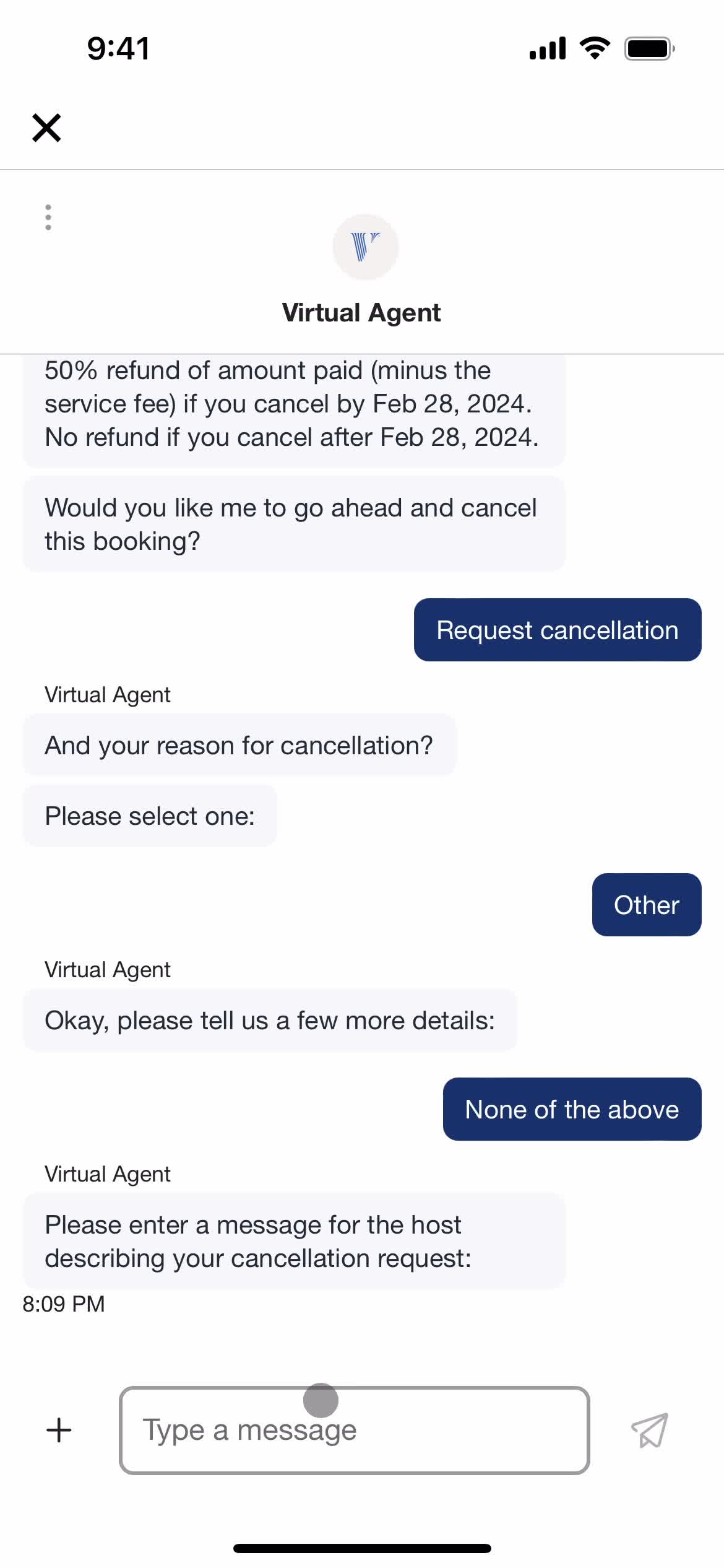 Canceling a booking screenshot