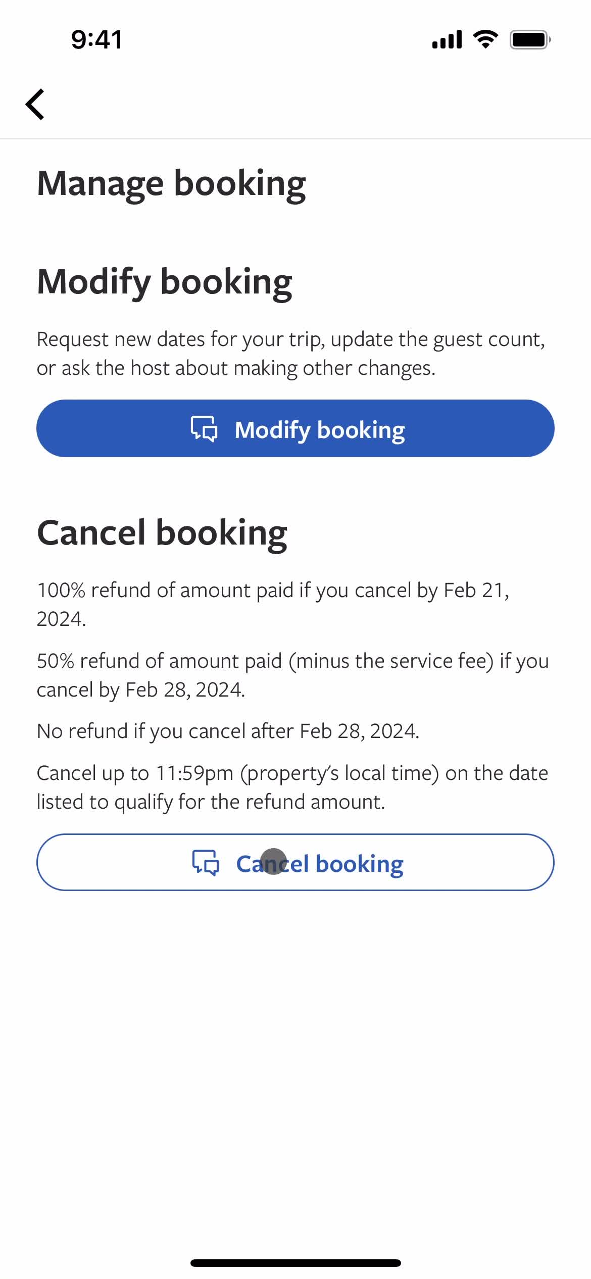 Canceling a booking screenshot