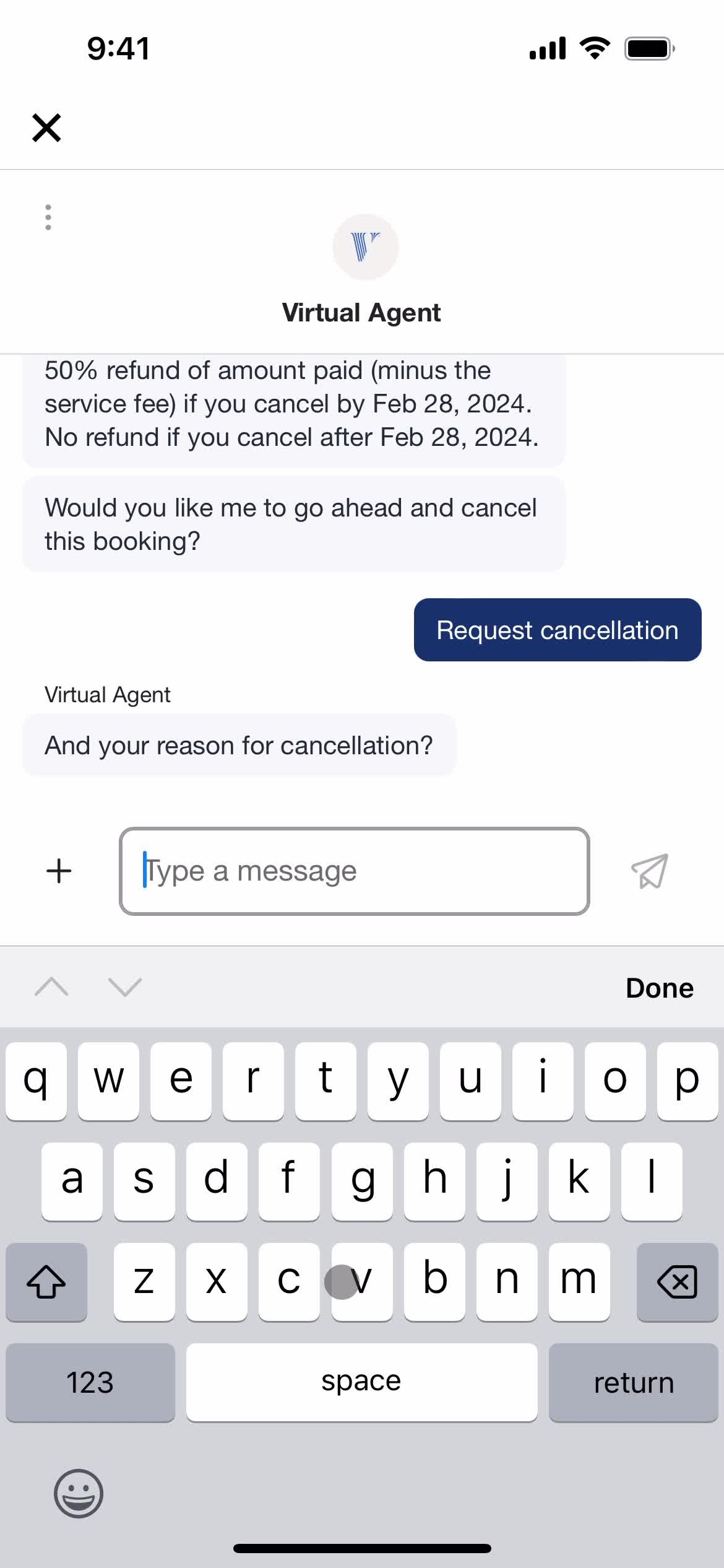 Canceling a booking screenshot