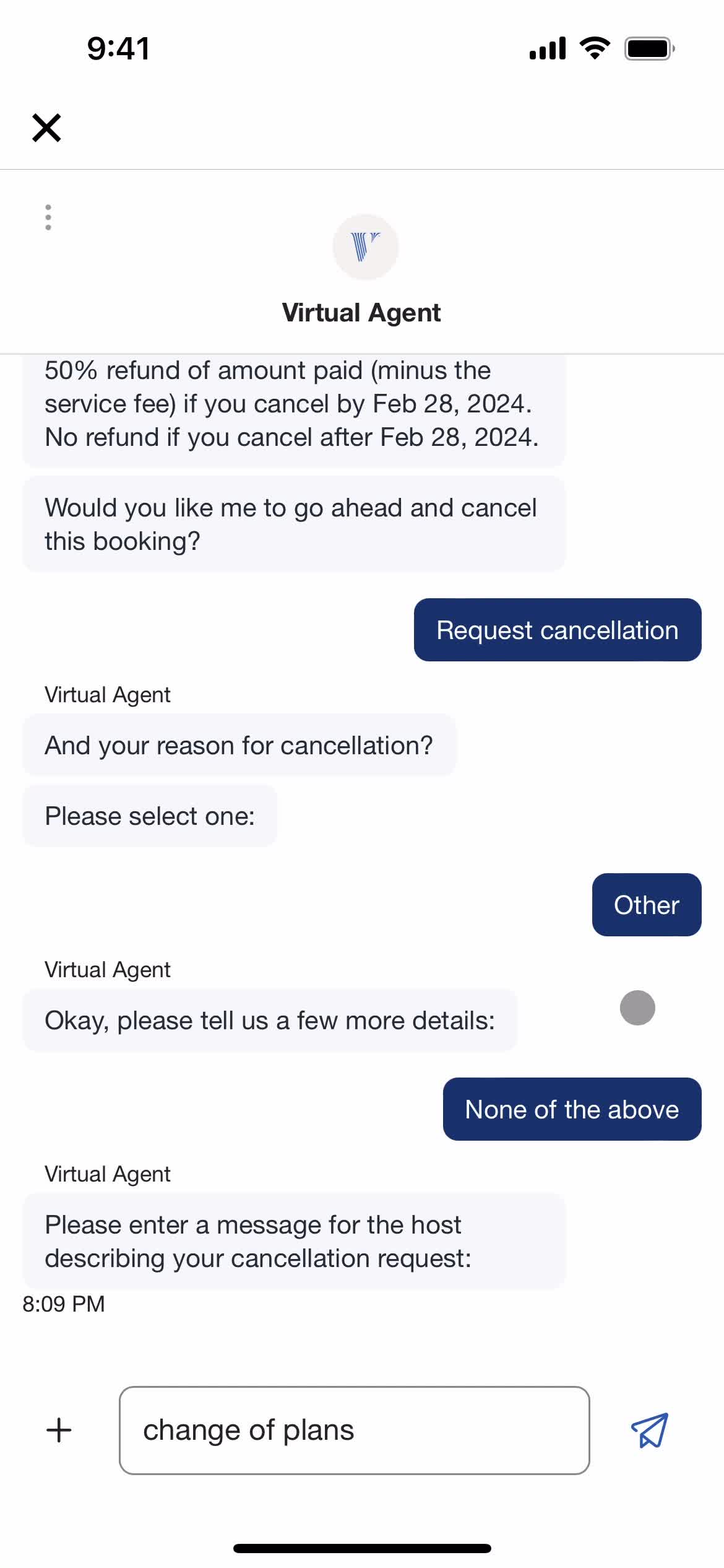 Canceling a booking screenshot