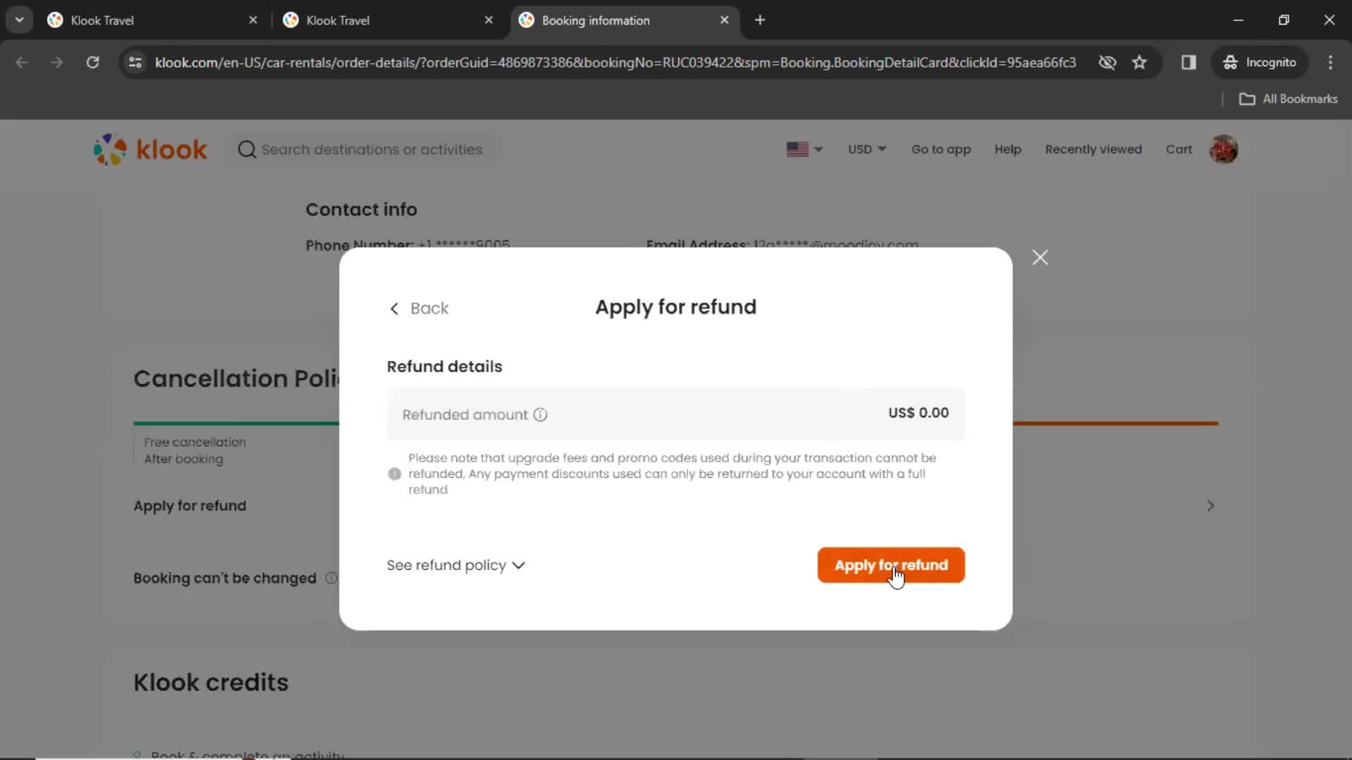 Applying for refund screenshot