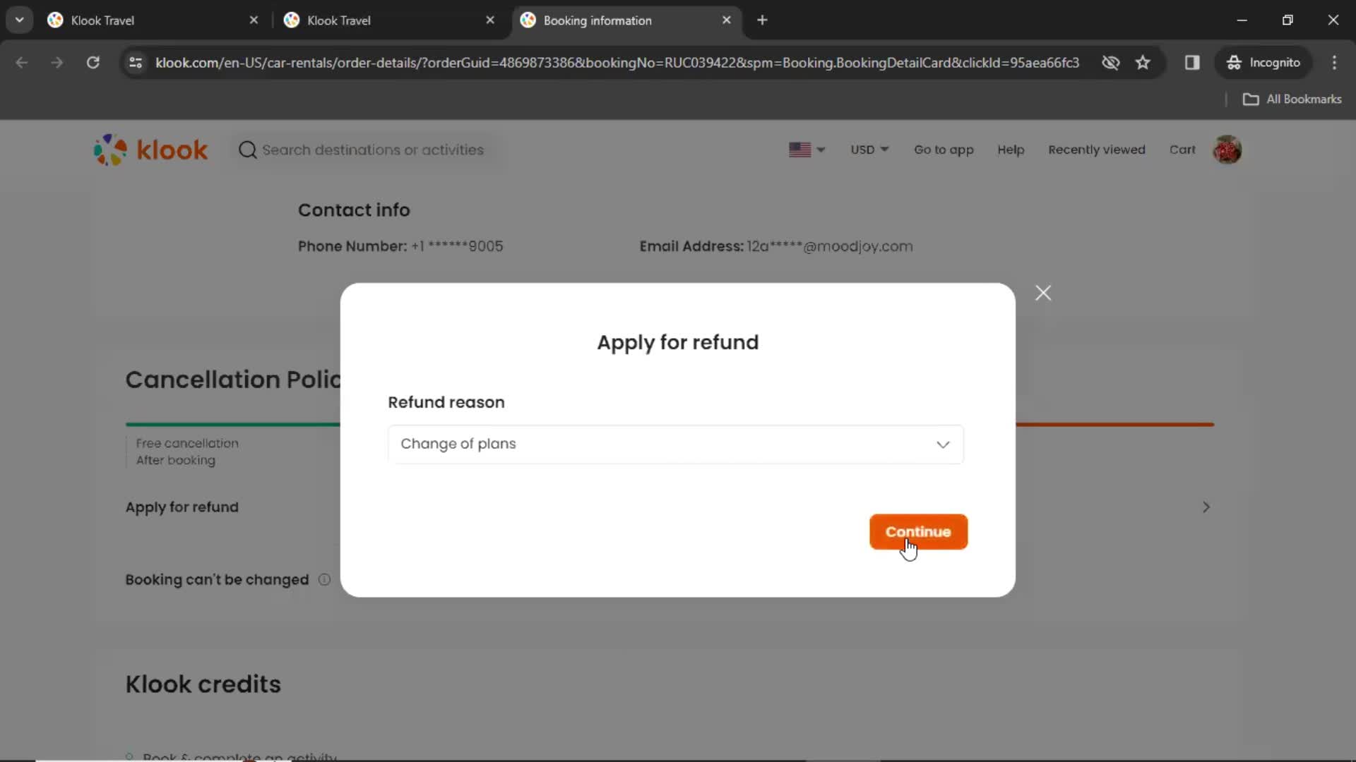 Applying for refund screenshot