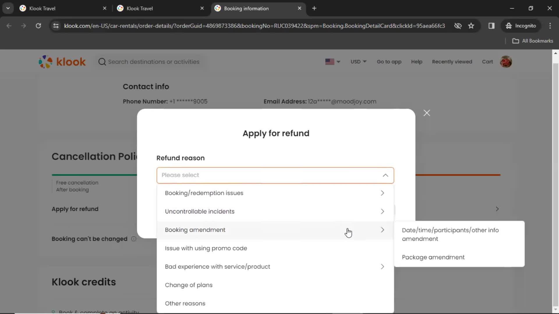 Applying for refund screenshot