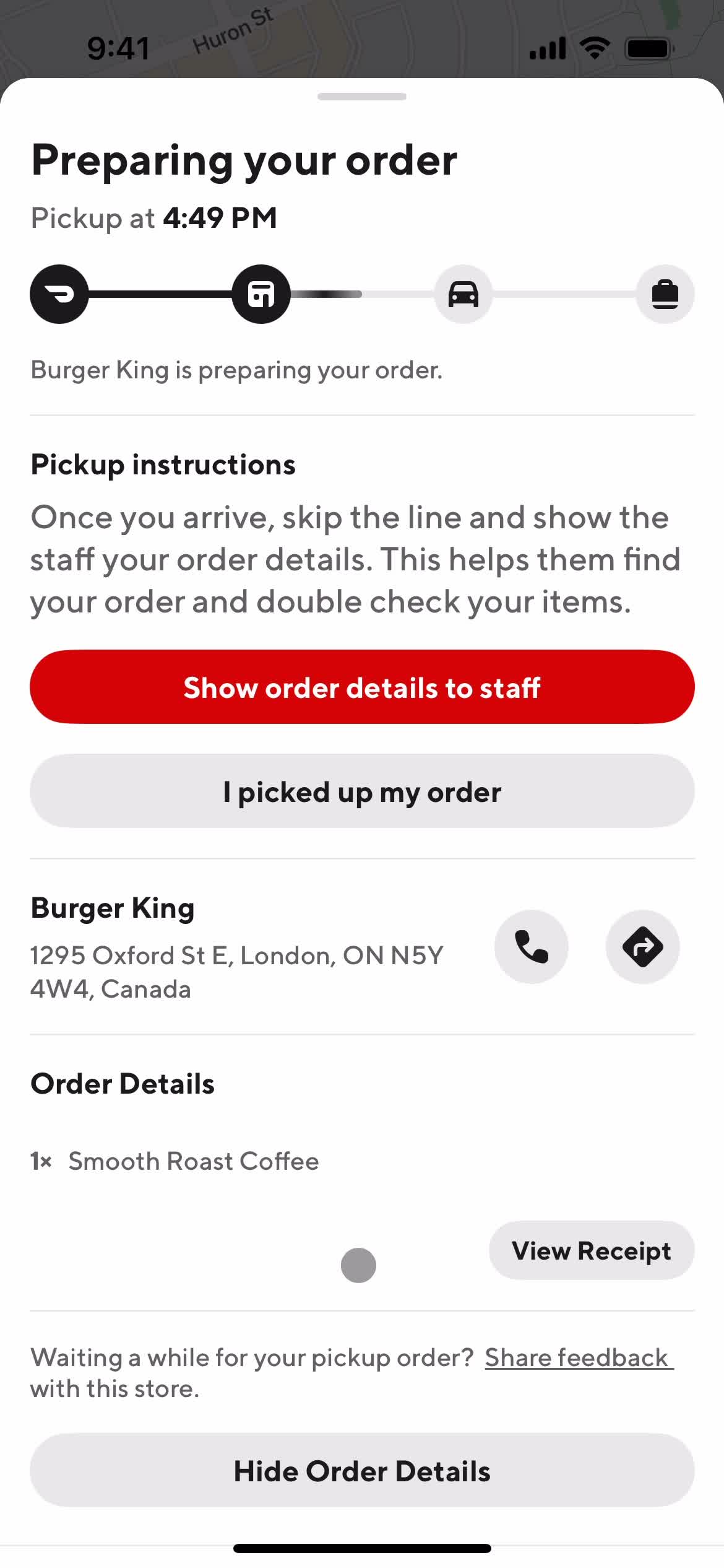Screenshot of Order details on Cancelling an order on DoorDash user flow