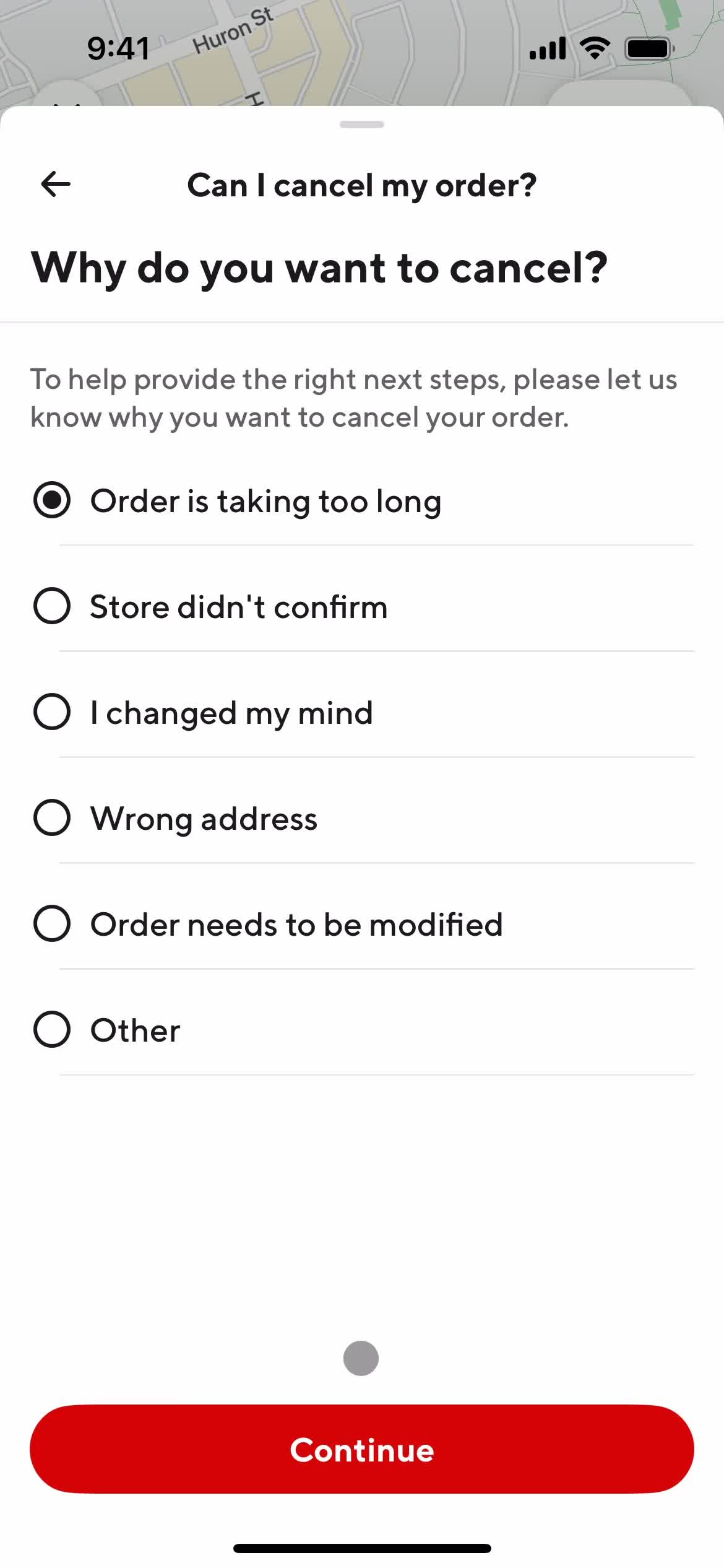 Cancelling an order screenshot