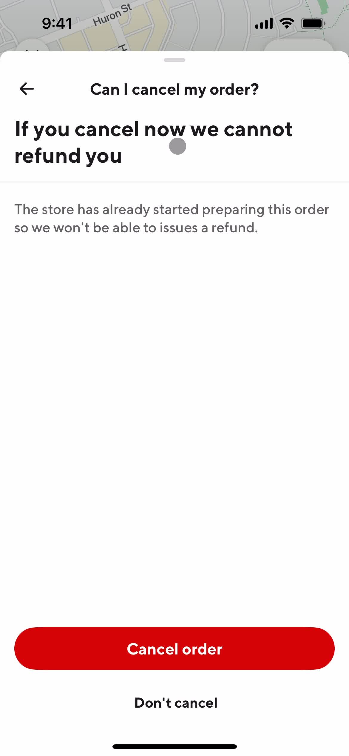 Cancelling an order screenshot