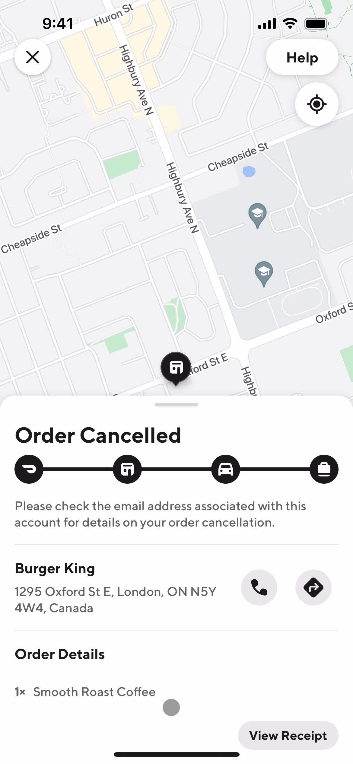 Cancelling an order screenshot