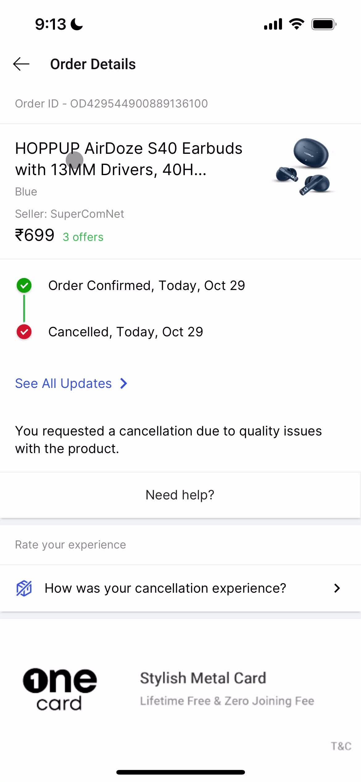 Cancelling an order screenshot