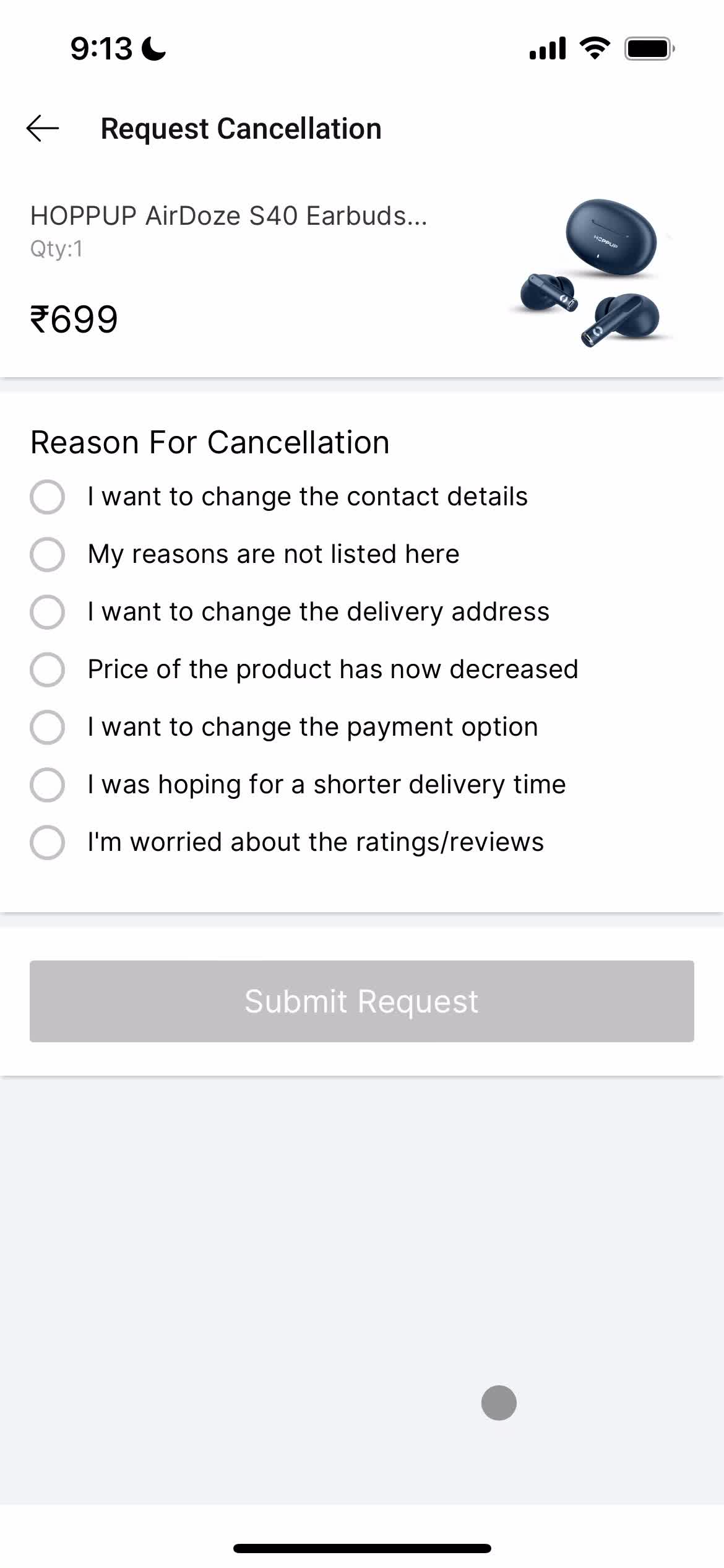 Cancelling an order screenshot