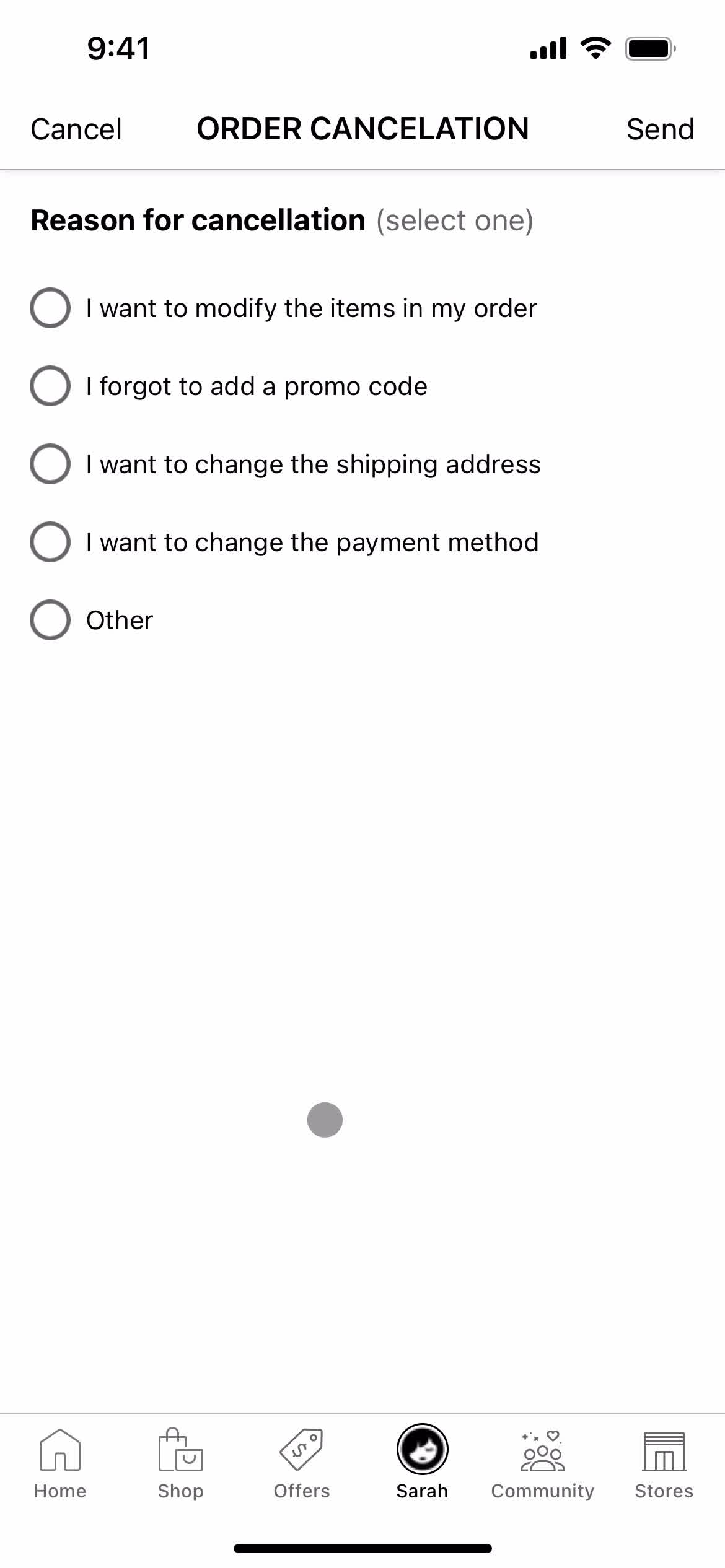 Cancelling an order screenshot