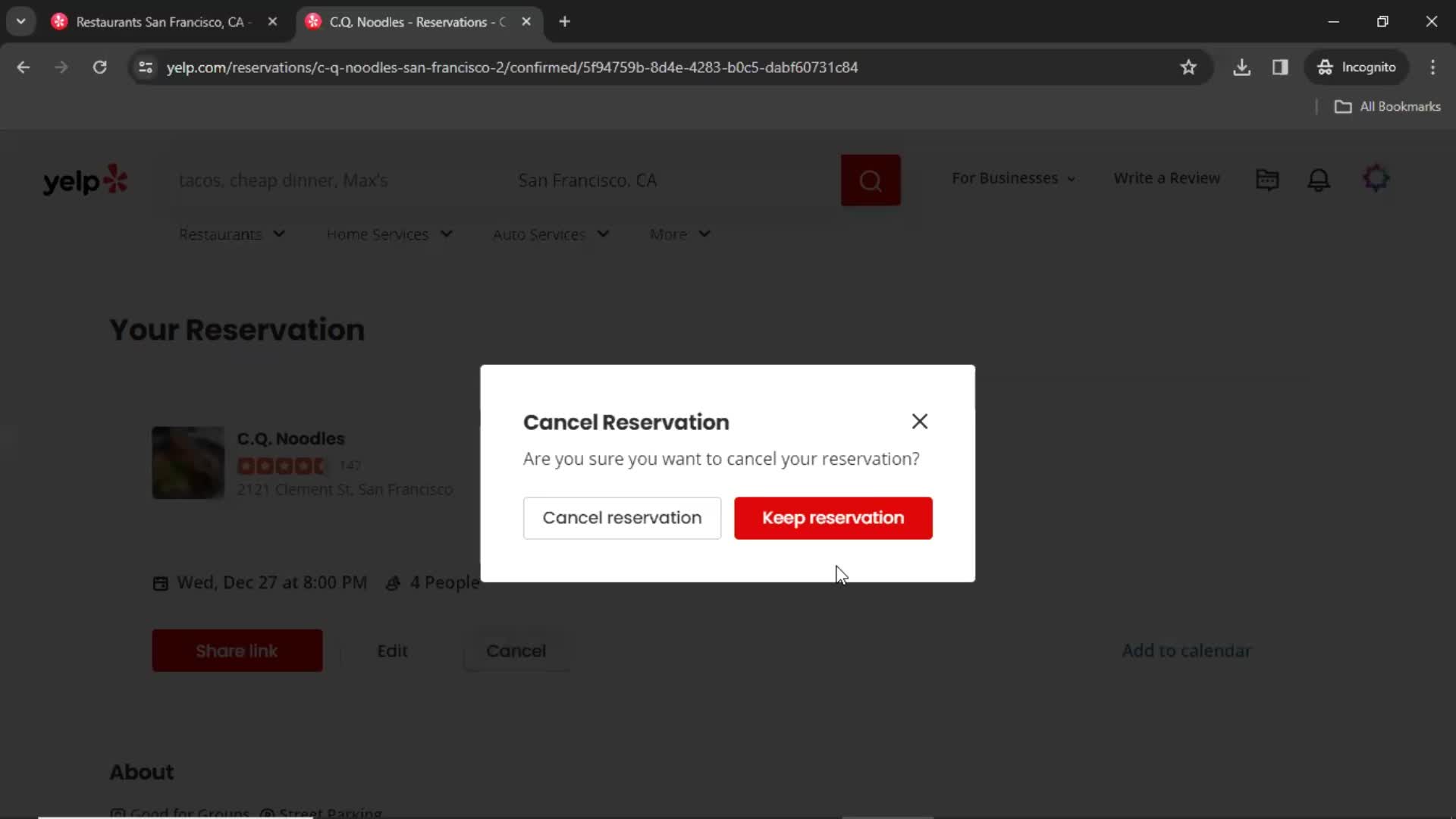 Canceling a reservation screenshot