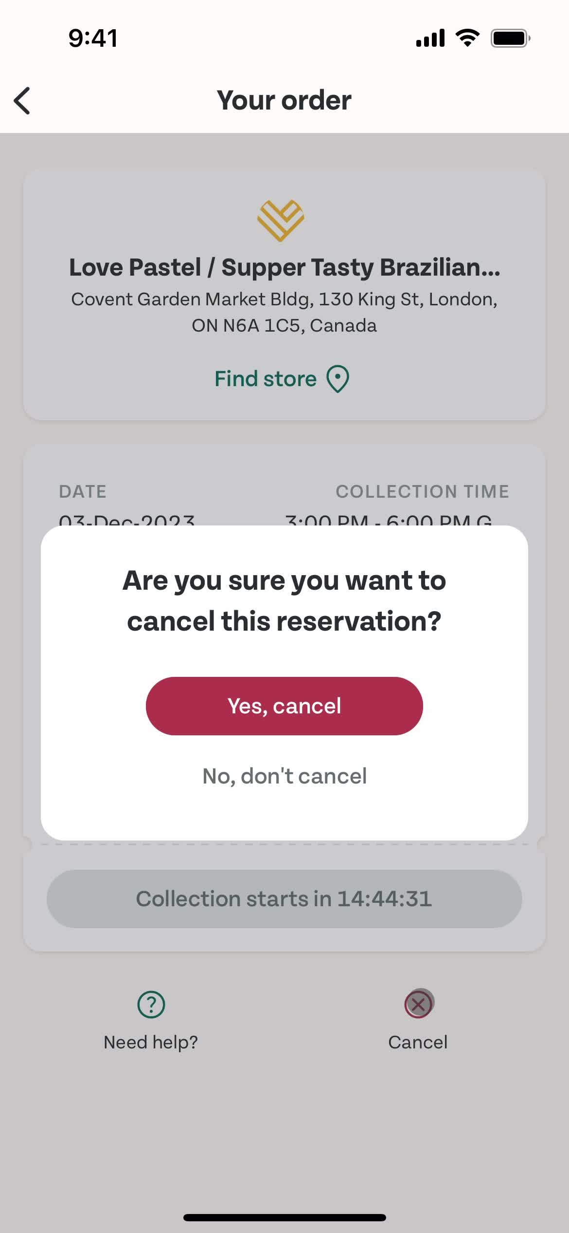 Cancelling an order screenshot