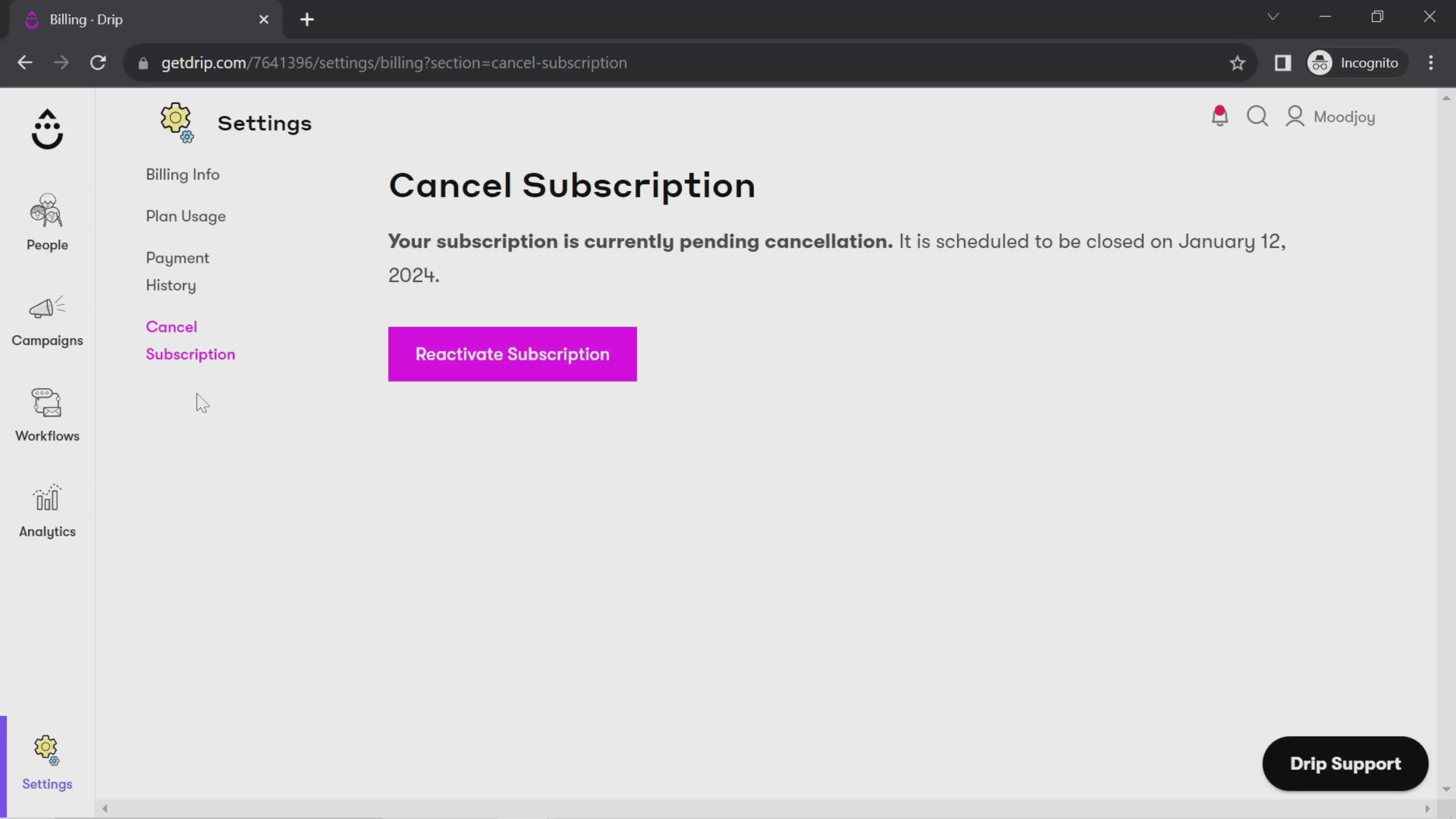 Cancelling your subscription screenshot