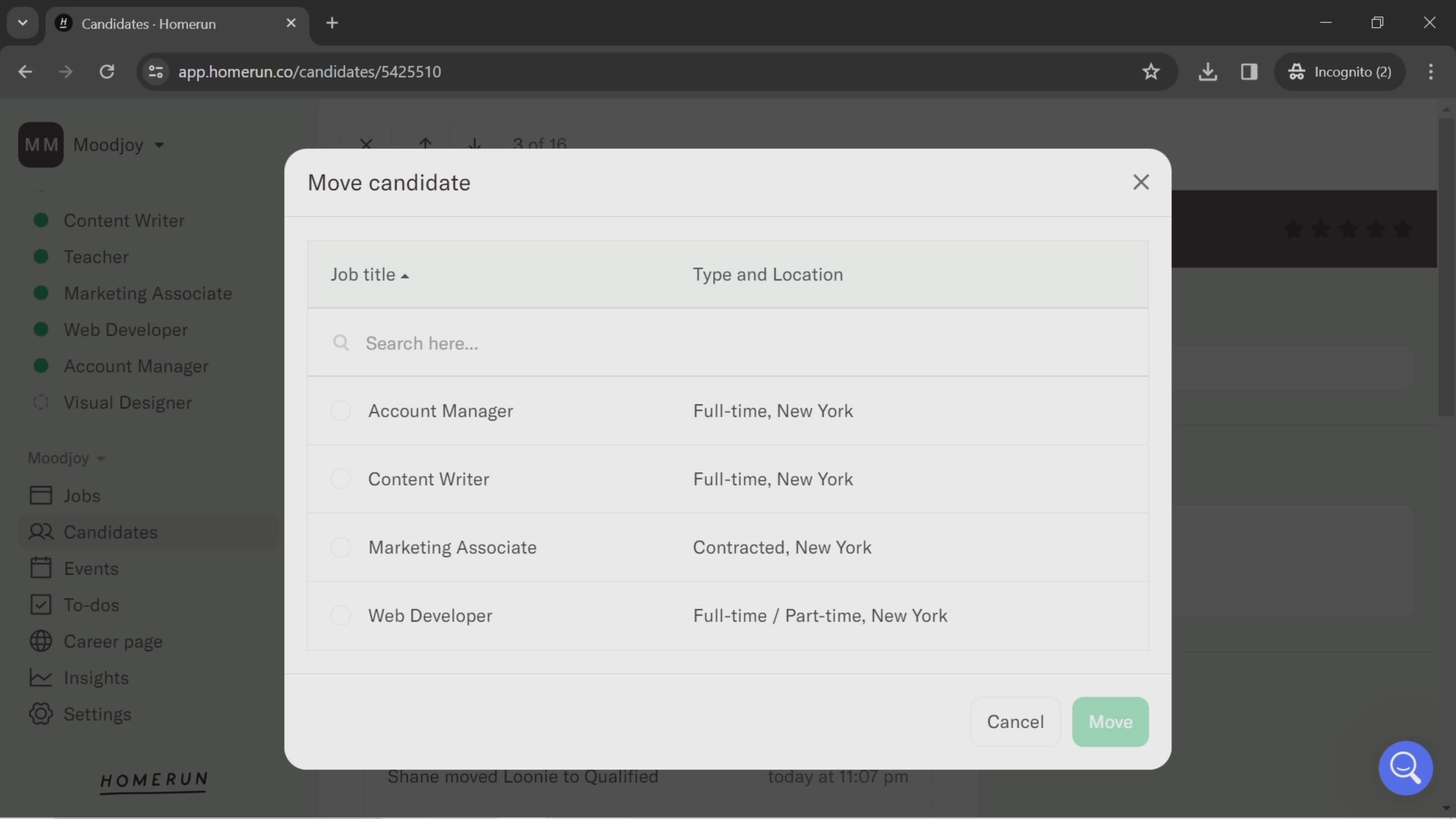 Managing candidates screenshot