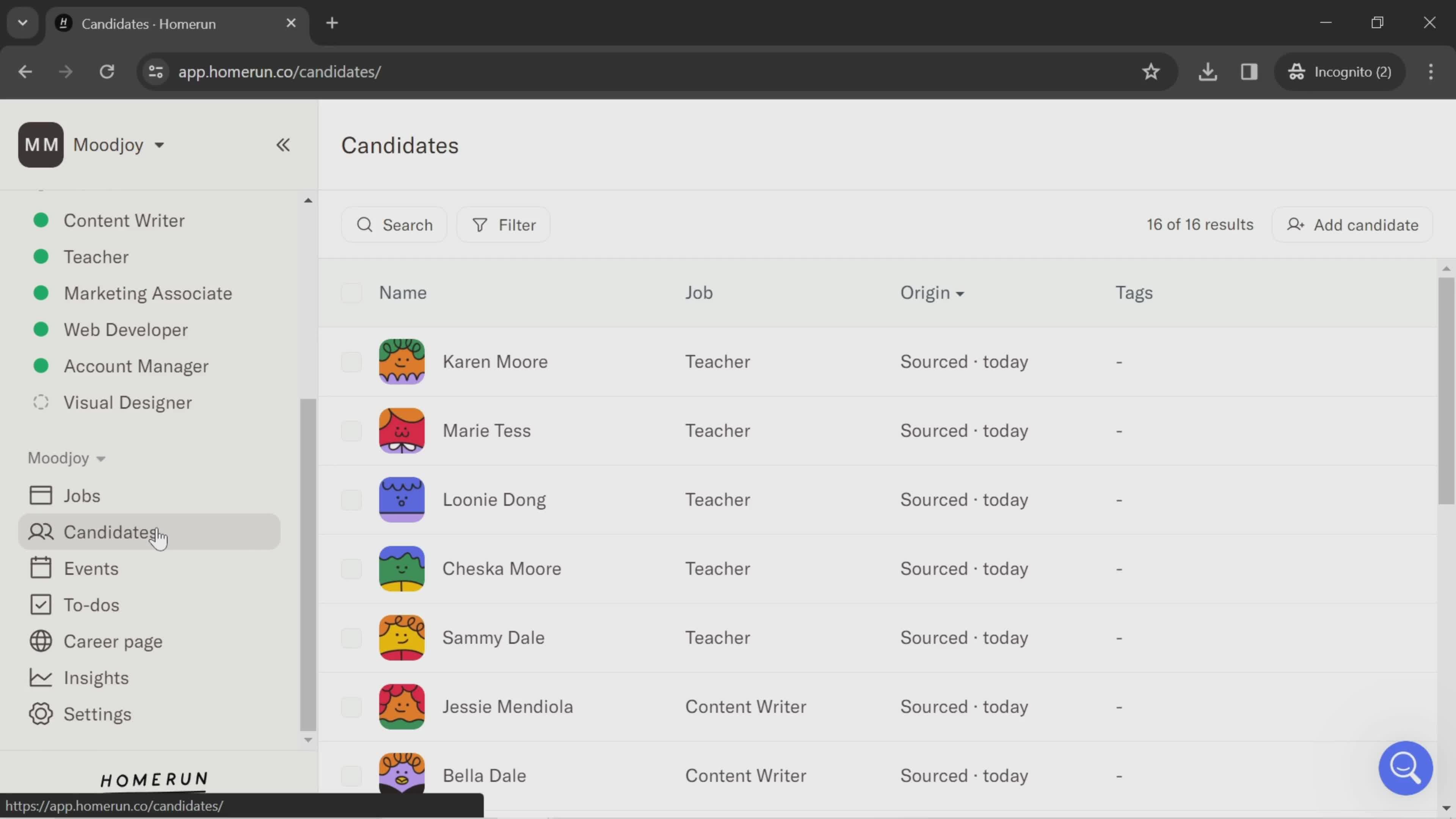 Managing candidates screenshot