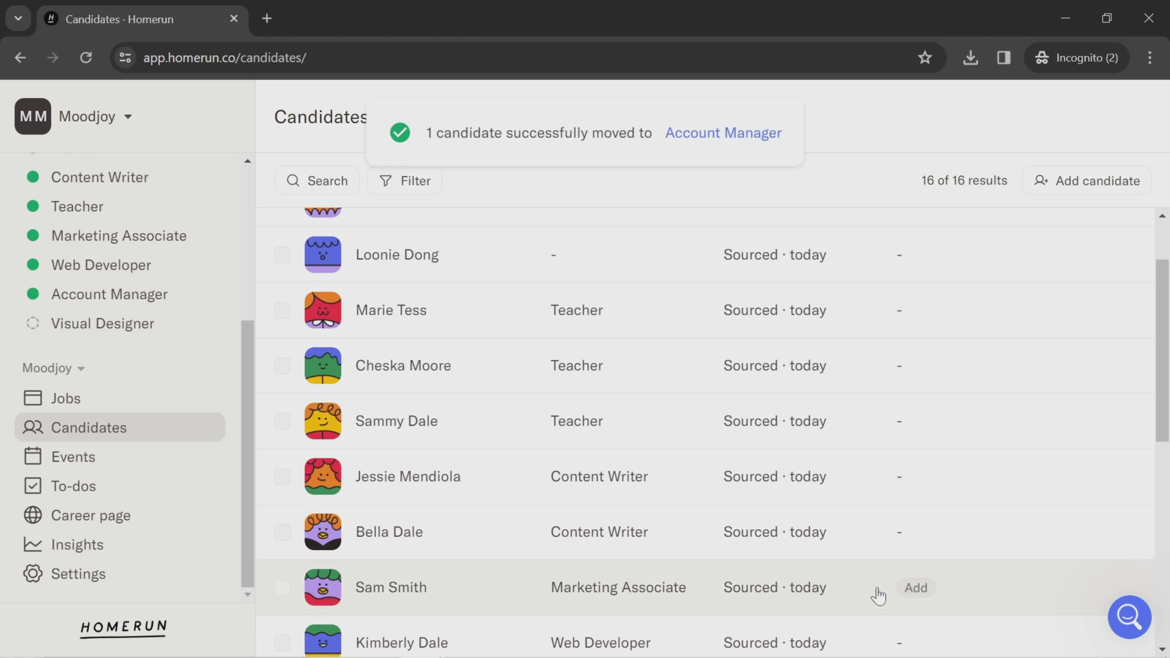 Managing candidates screenshot