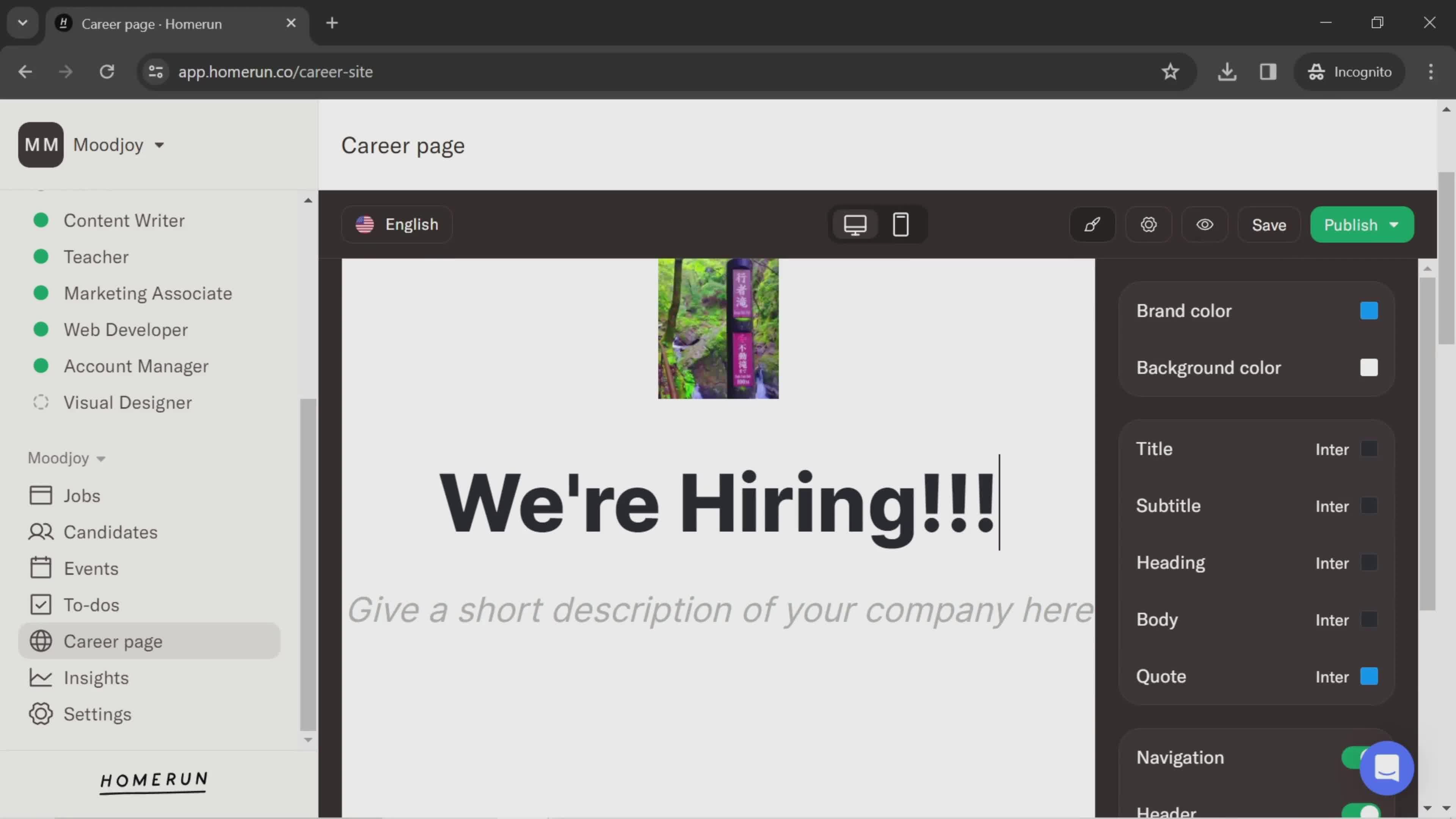 Creating a career page screenshot