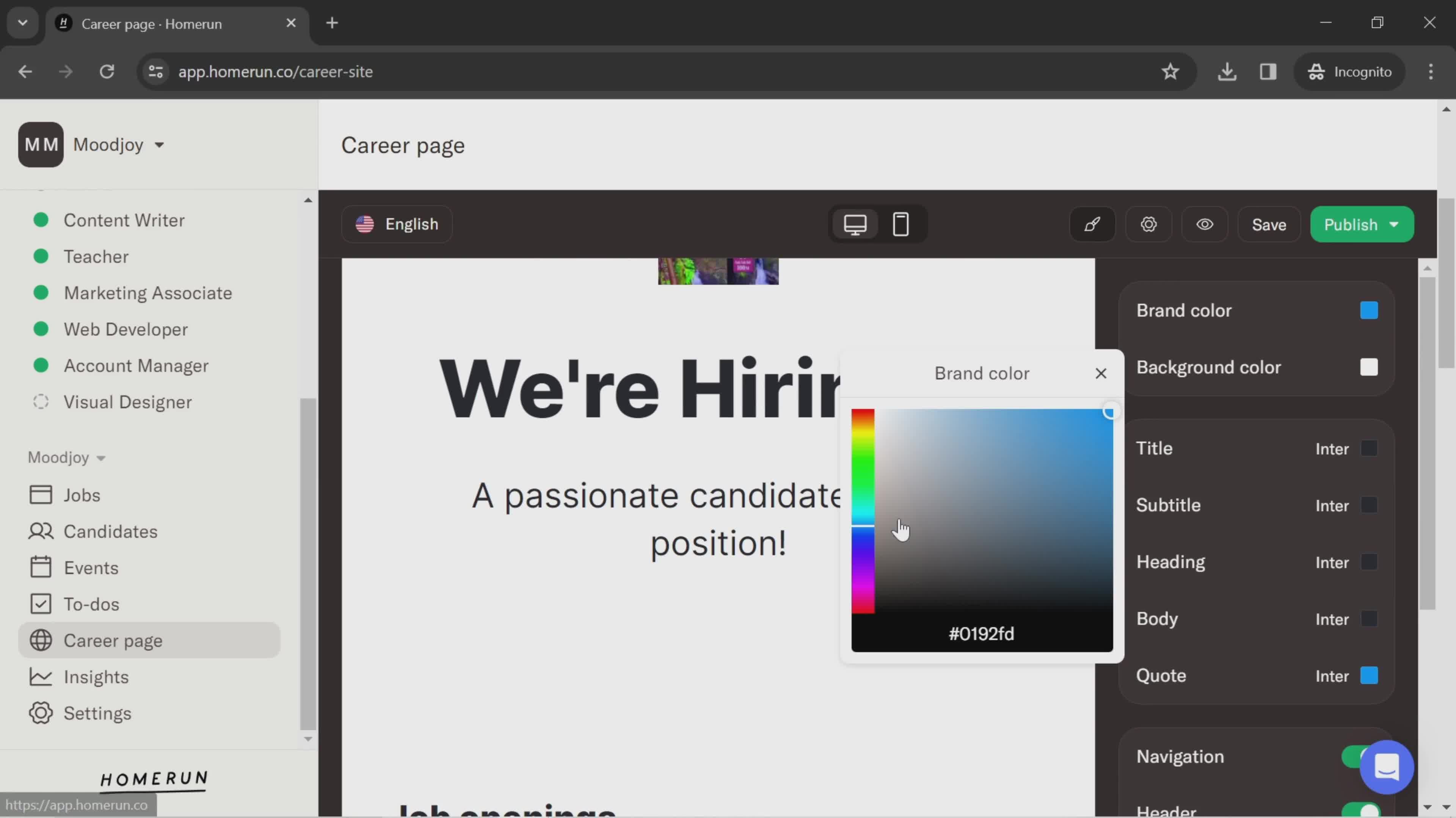 Creating a career page screenshot