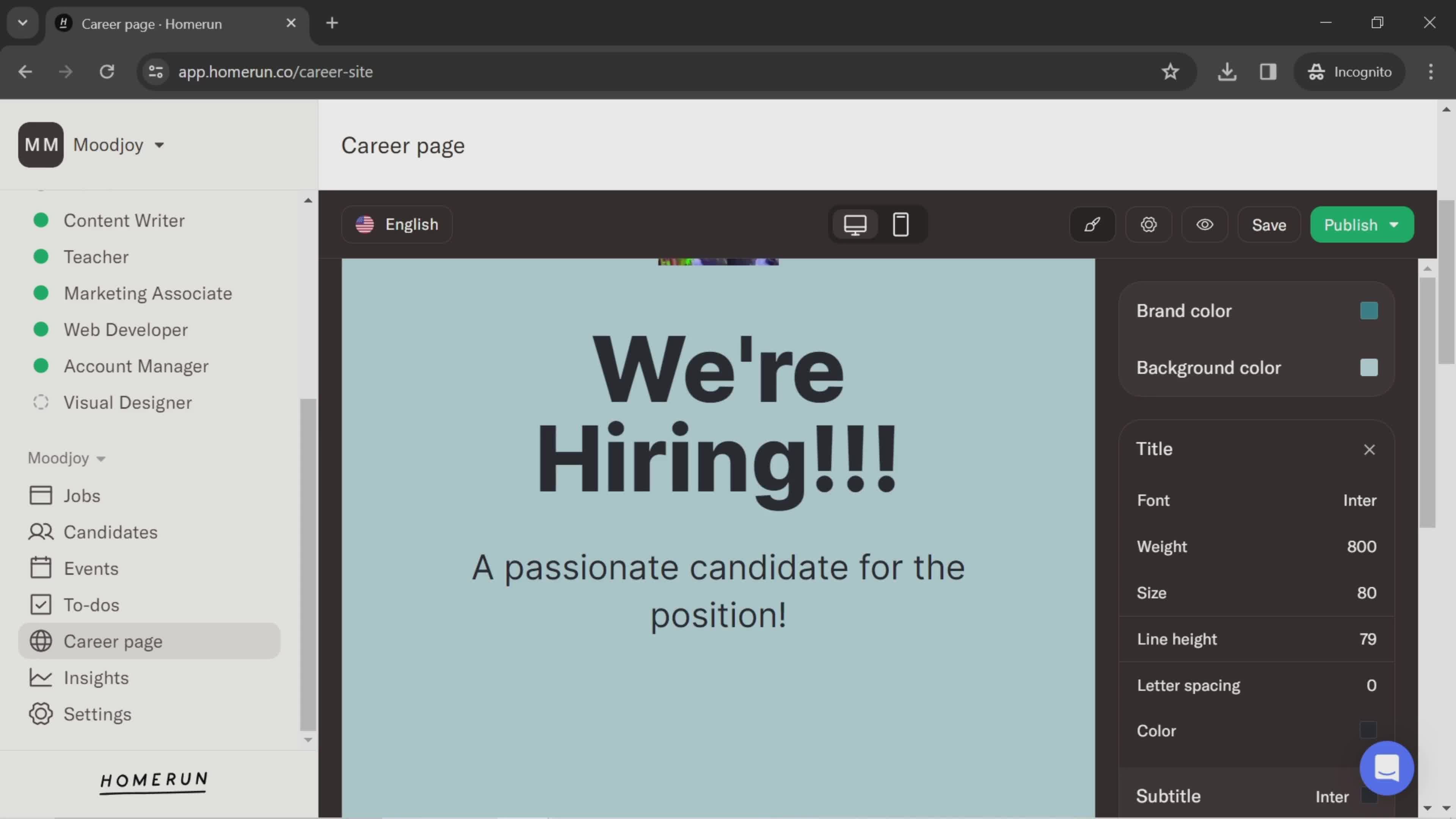 Creating a career page screenshot