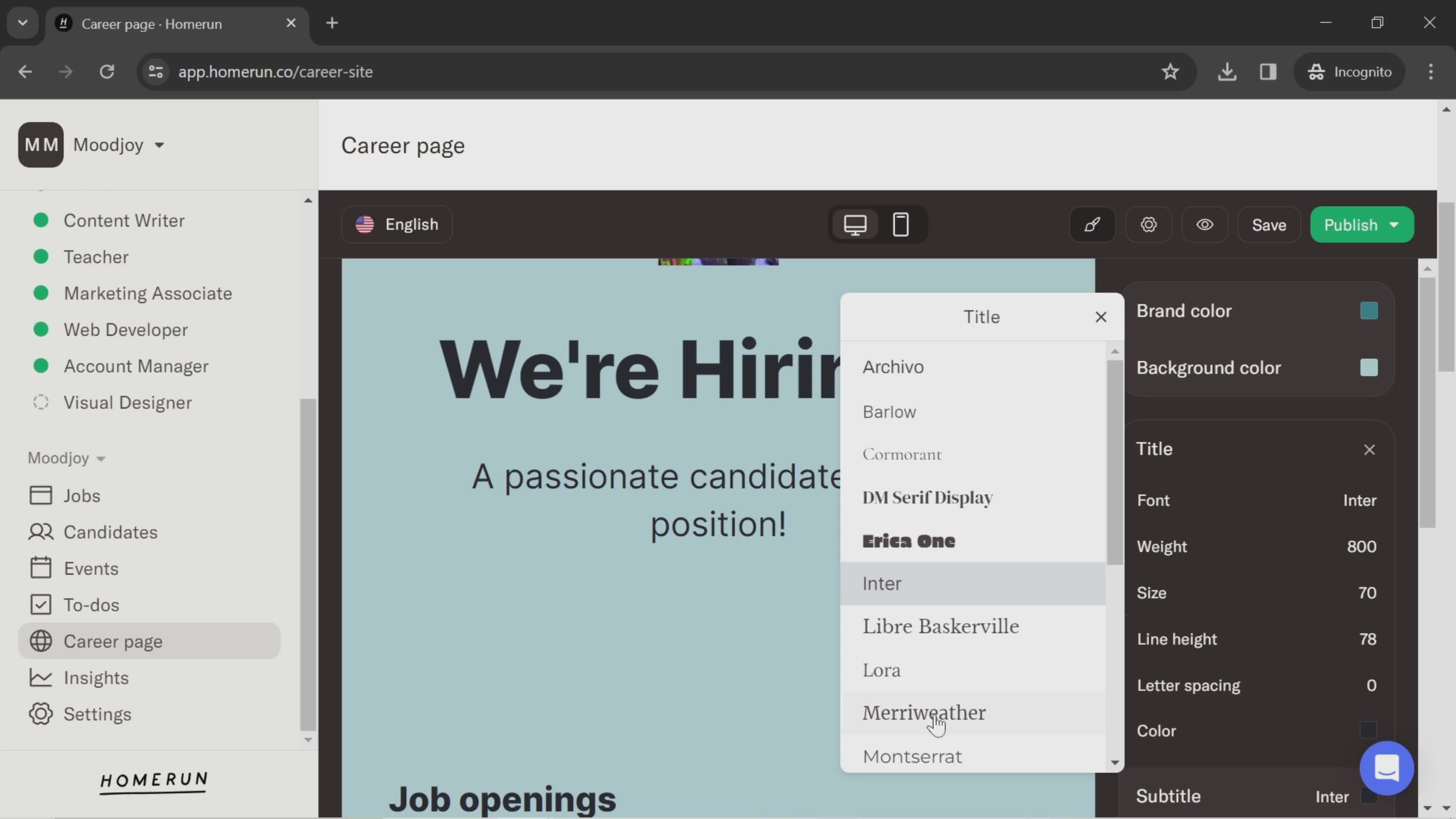 Creating a career page screenshot